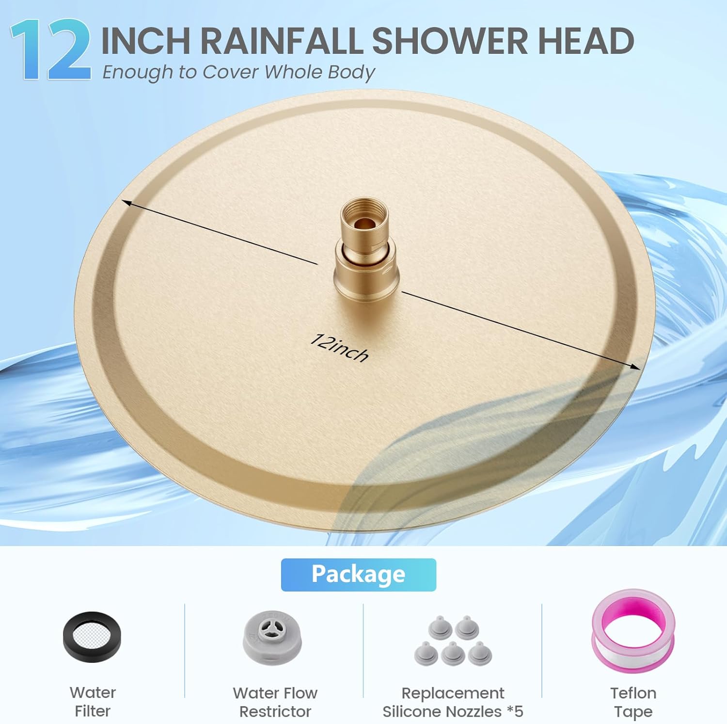 12 inch Brushed Gold Rainfall Shower Head - All Metal Stainless Steel Full Body Round Rain Shower with 120 Silicone Nozzles Modern Bathroom