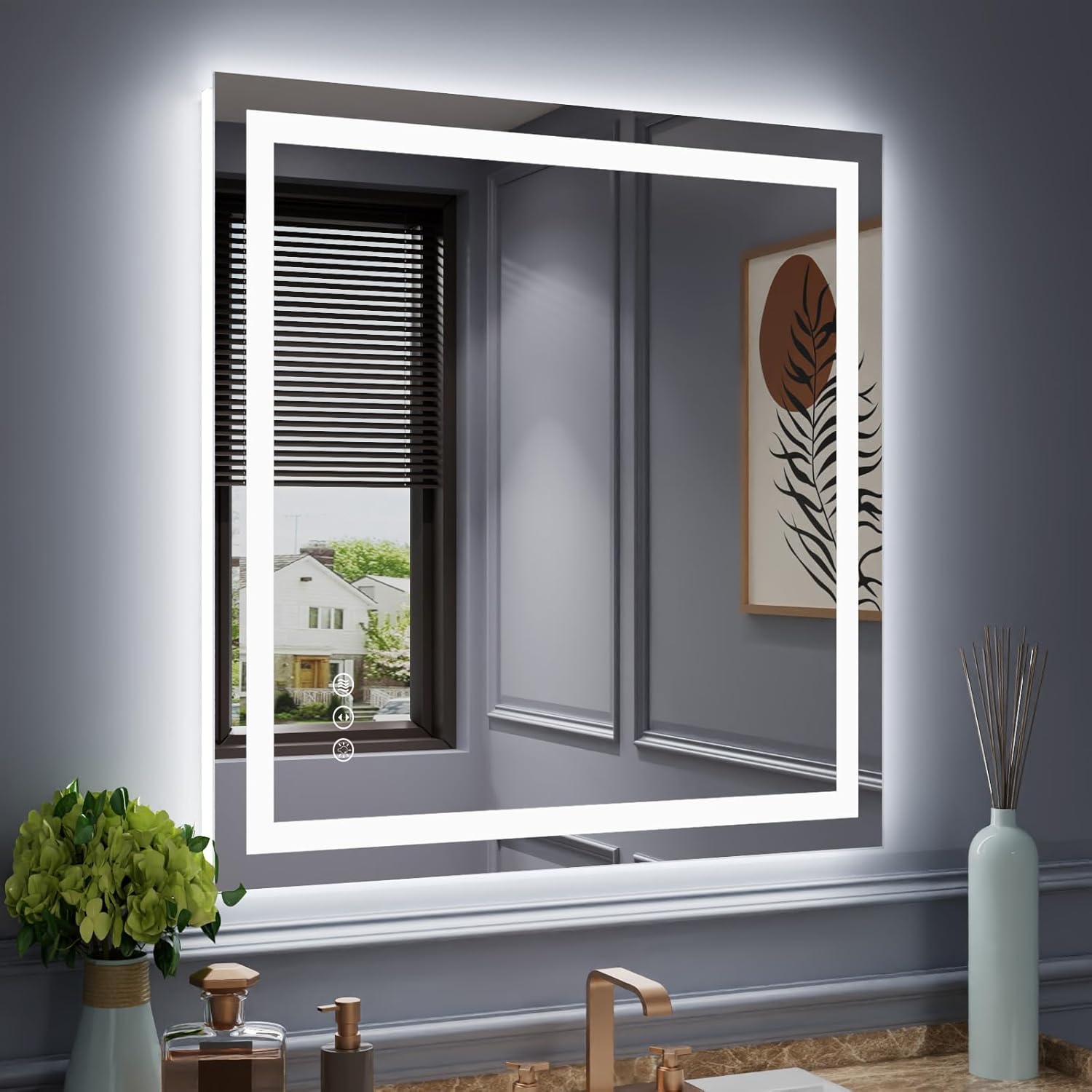 Amorho LED Bathroom Mirror 40"X32" with Front and Backlit, Stepless Dimmable Wall Mirrors with Anti-Fog, Shatter-Proof, Memory, 3 Colors, Double LED Vanity Mirror (Horizontal/Vertical)