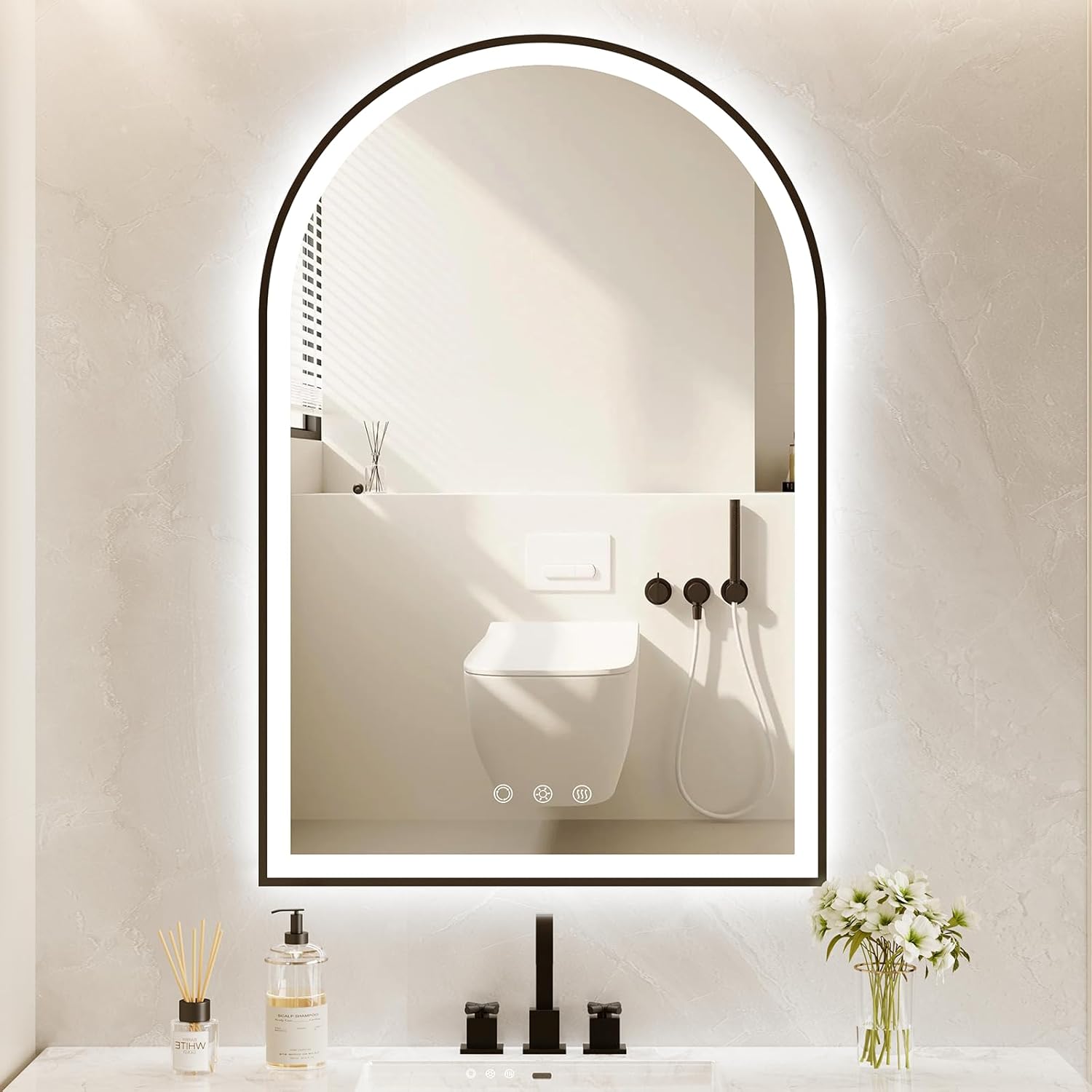 Arched LED Bathroom Mirror 24"x36", Black Bathroom Mirror with Lights-Anti-Fog, Dimmable-LED Mirror for Bathroom,3 Colors