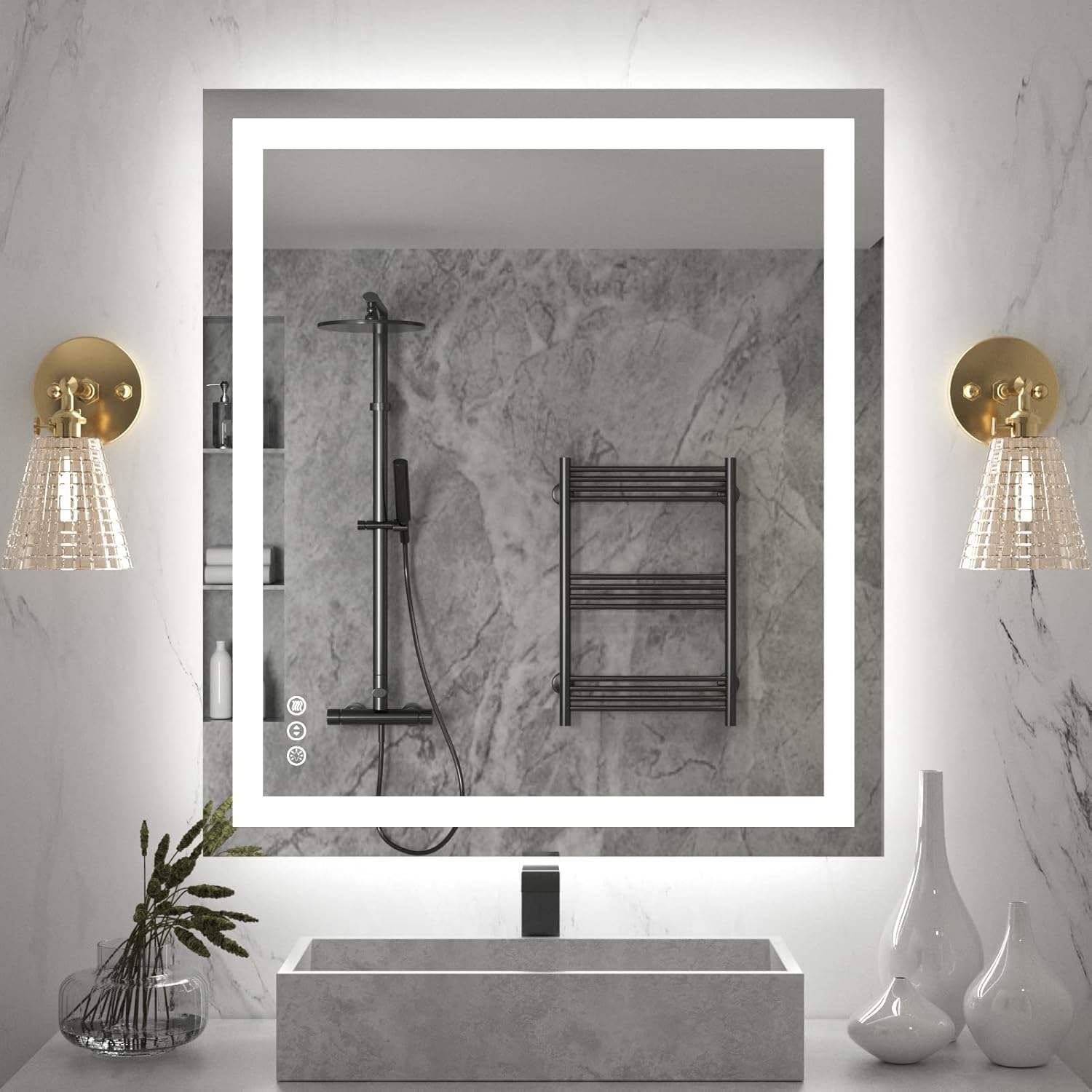 Amorho LED Bathroom Mirror 40"X32" with Front and Backlit, Stepless Dimmable Wall Mirrors with Anti-Fog, Shatter-Proof, Memory, 3 Colors, Double LED Vanity Mirror (Horizontal/Vertical)