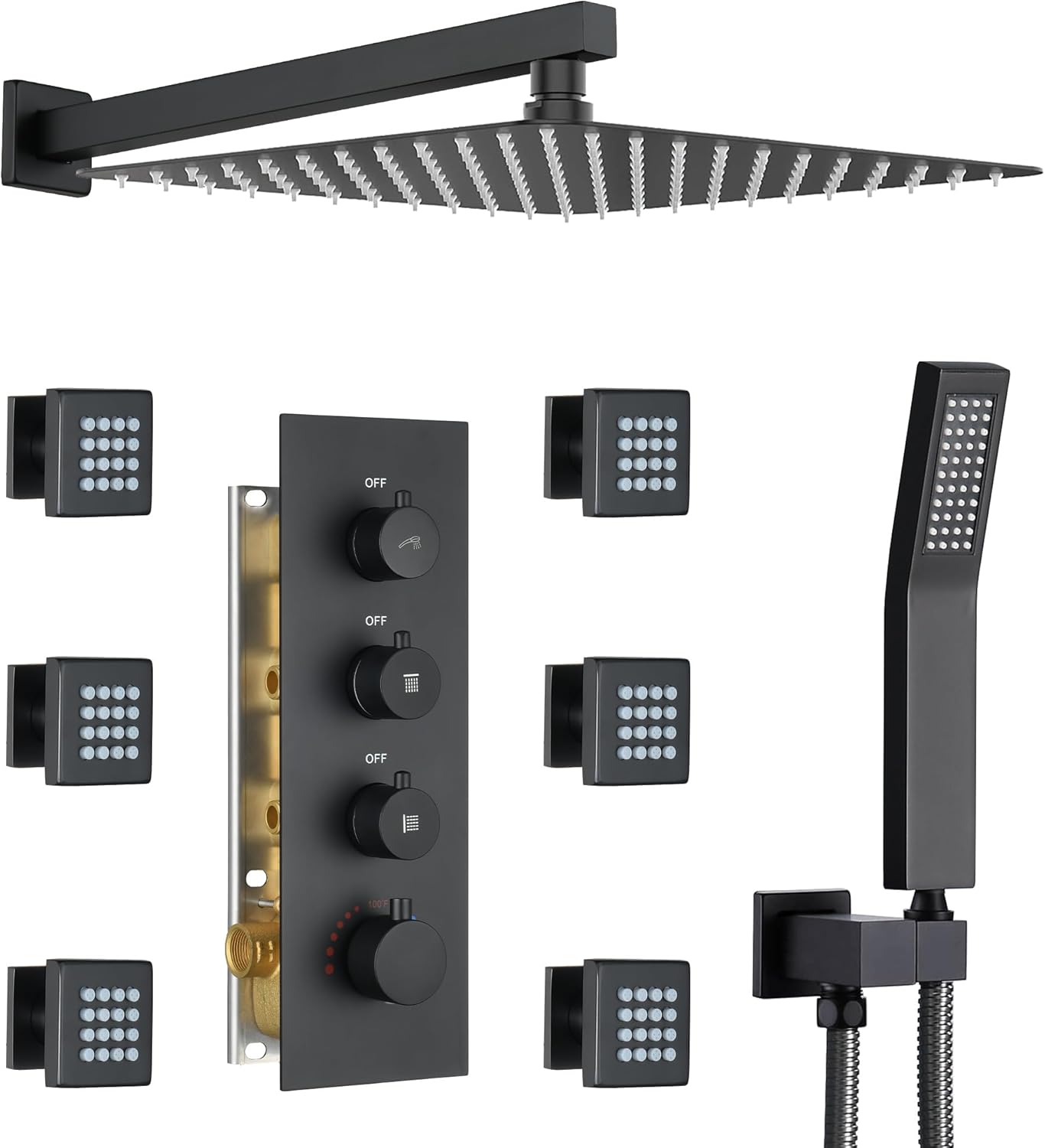 16” Thermostatic Rain Shower System with 6 Body Jets & 16-Inch Rainfall Shower Head, JetsBath Full Body Shower Faucet Sets with Valve & Handheld, Brushed Gold Luxury Wall Mount Shower Faucet Set