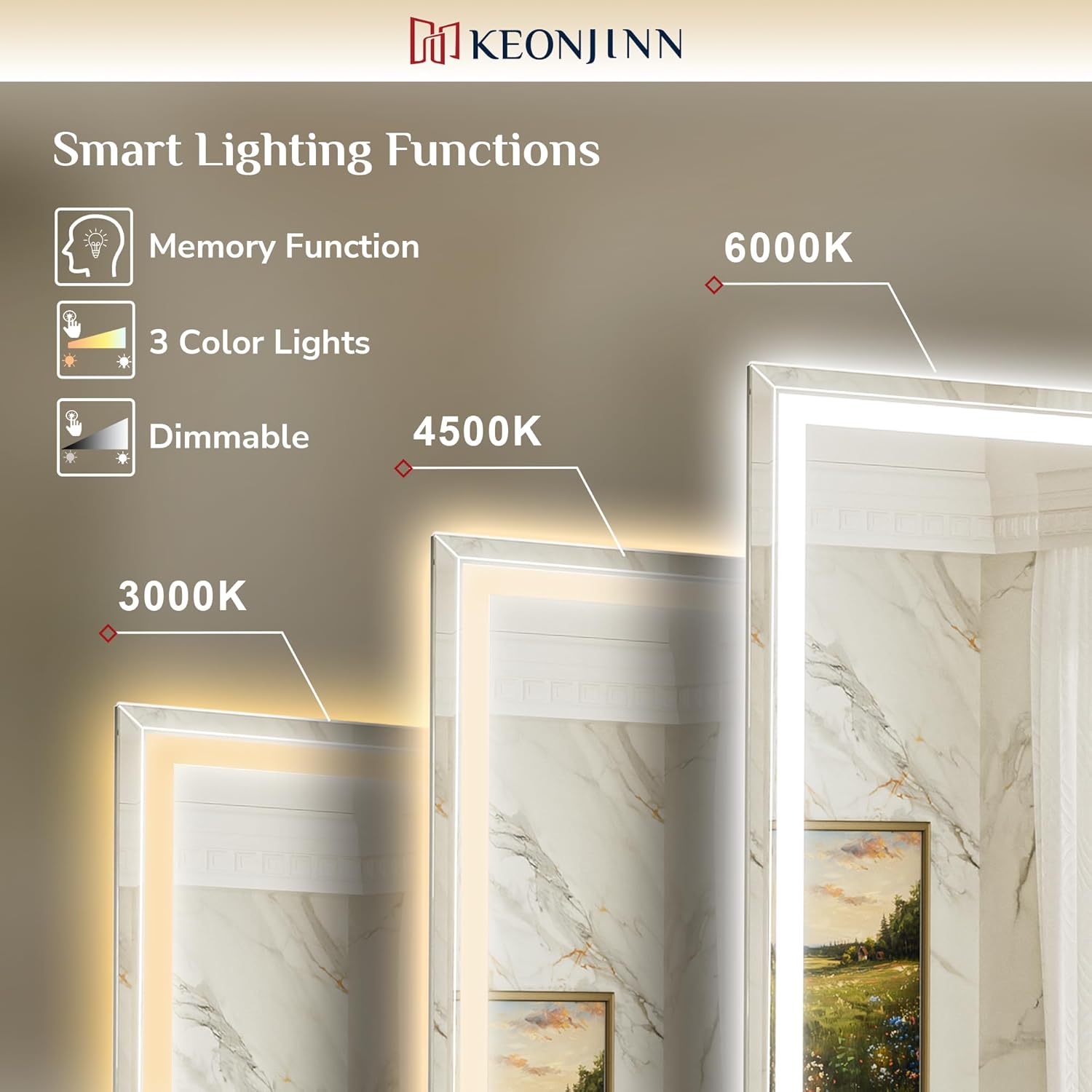 Keonjinn 24x36 Inch Beveled Lighted Bathroom Mirrors with Frontlit & Backlit, LED Bathroom Mirror with Light Dimmable 3-Color Lights, Anti-Fog Vanity Mirror with Tempered Glass, UL-Listed LED Driver