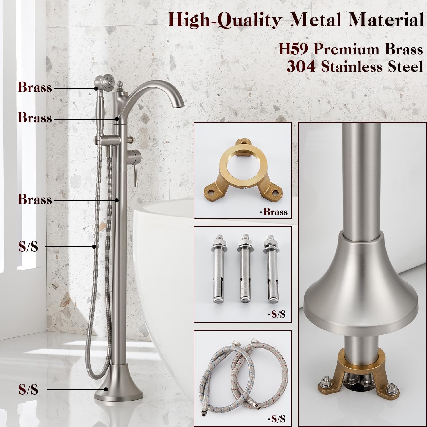Freestanding Tub Faucets, Classic Freestanding Bathtub Faucet with Retro Handheld Sprayer High Flow Max 7.04GPM Floor Mount Tub Filler Swivel Spout Bath Tub faucet Brushed Nickel (WT-9002BN)