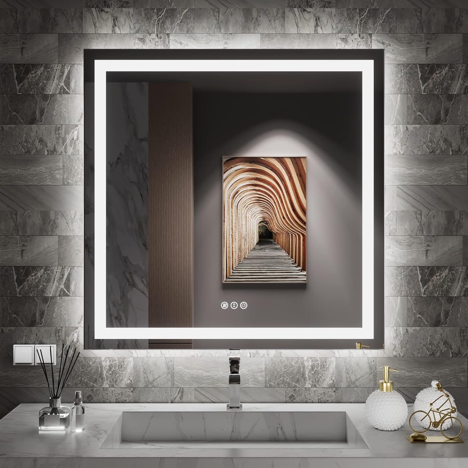 Amorho LED Bathroom Mirror 40"X32" with Front and Backlit, Stepless Dimmable Wall Mirrors with Anti-Fog, Shatter-Proof, Memory, 3 Colors, Double LED Vanity Mirror (Horizontal/Vertical)