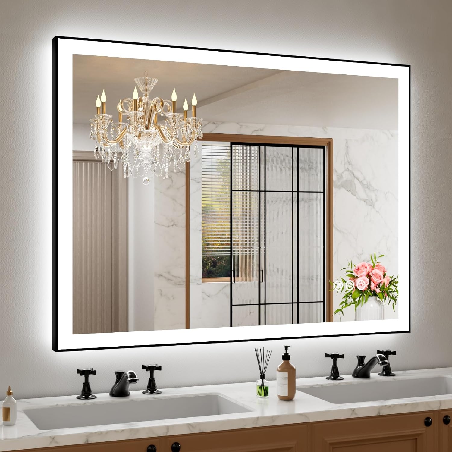 Amorho LED Bathroom Mirror 40"X32" with Front and Backlit, Stepless Dimmable Wall Mirrors with Anti-Fog, Shatter-Proof, Memory, 3 Colors, Double LED Vanity Mirror (Horizontal/Vertical)