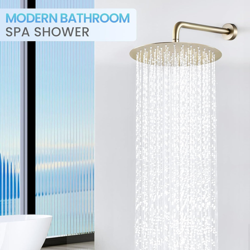 12 inch Brushed Gold Rainfall Shower Head - All Metal Stainless Steel Full Body Round Rain Shower with 120 Silicone Nozzles Modern Bathroom