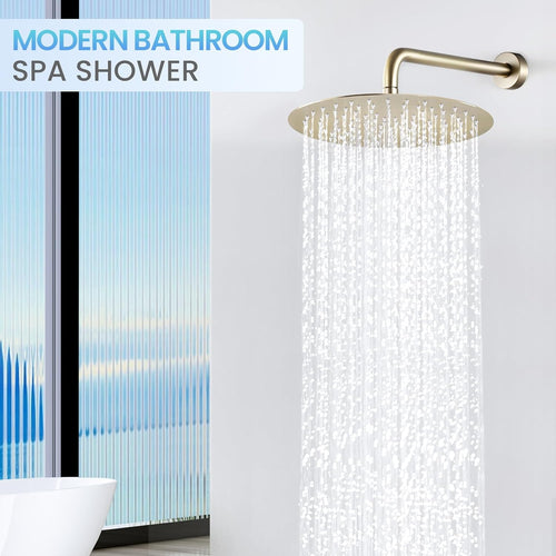 12 inch Brushed Gold Rainfall Shower Head - All Metal Stainless Steel Full Body Round Rain Shower with 120 Silicone Nozzles Modern Bathroom