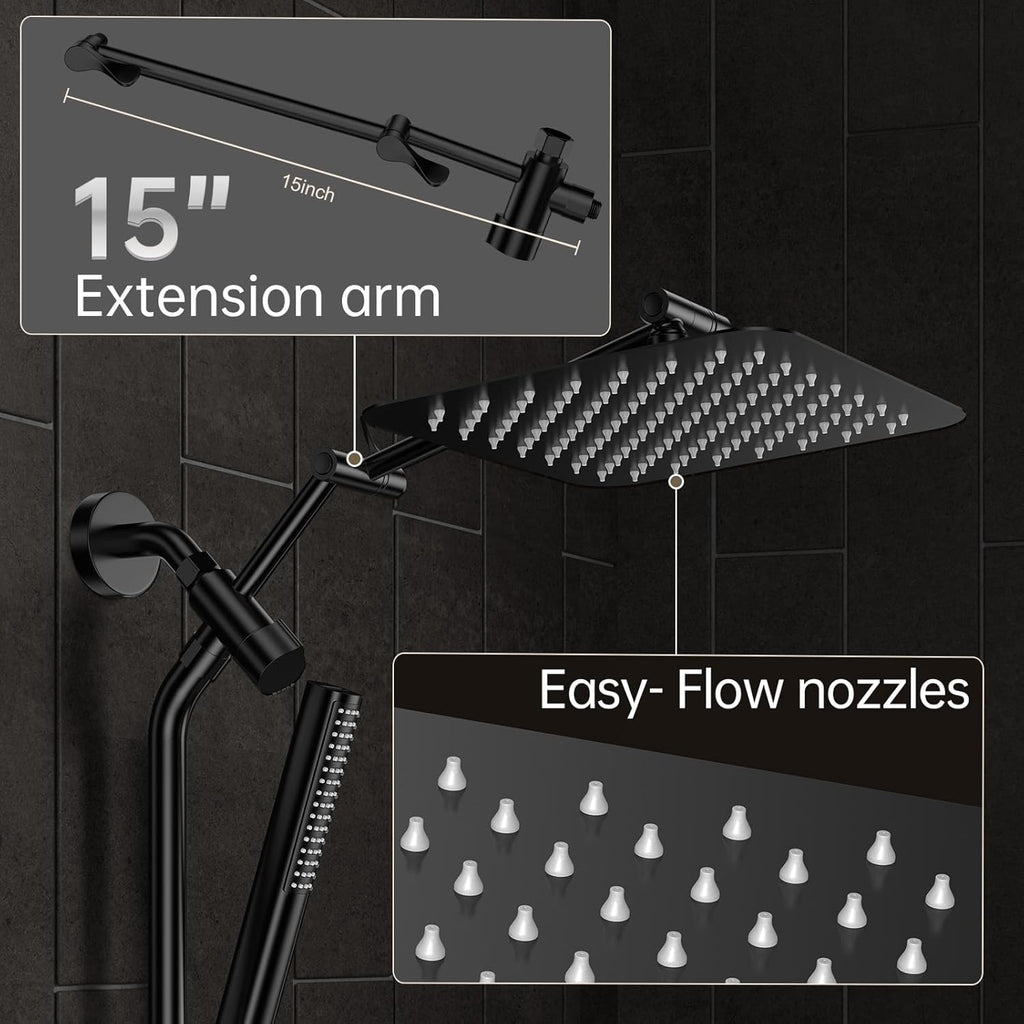 Veken 10" Luxurious All Metal Rain Shower Head with Handheld Spray Combo, High Pressure Rainfall Square Shower Heads with Extension Arm, Wide Dual Showerhead, Bathroom Accessories, Matte Black