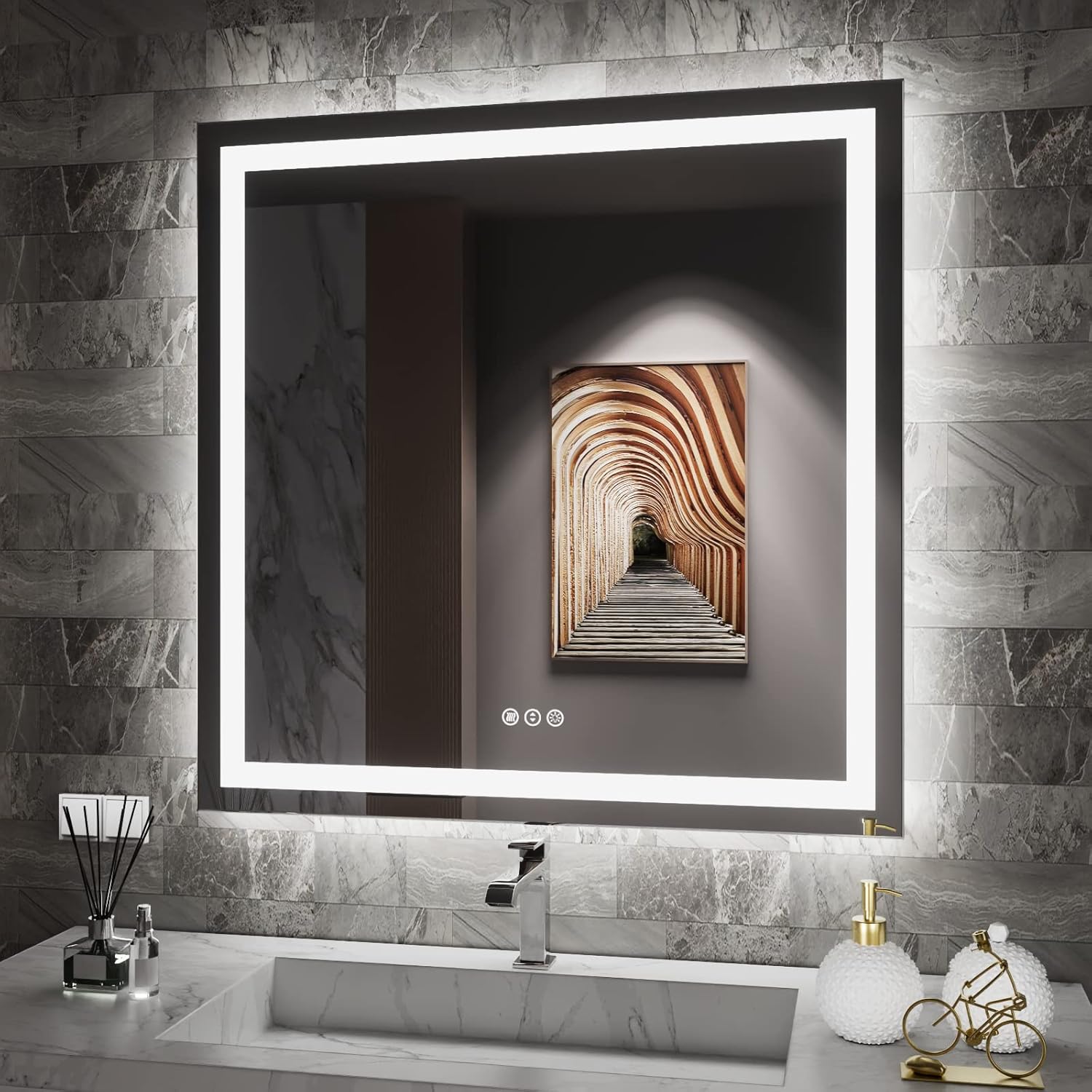 Amorho LED Bathroom Mirror 40"X32" with Front and Backlit, Stepless Dimmable Wall Mirrors with Anti-Fog, Shatter-Proof, Memory, 3 Colors, Double LED Vanity Mirror (Horizontal/Vertical)