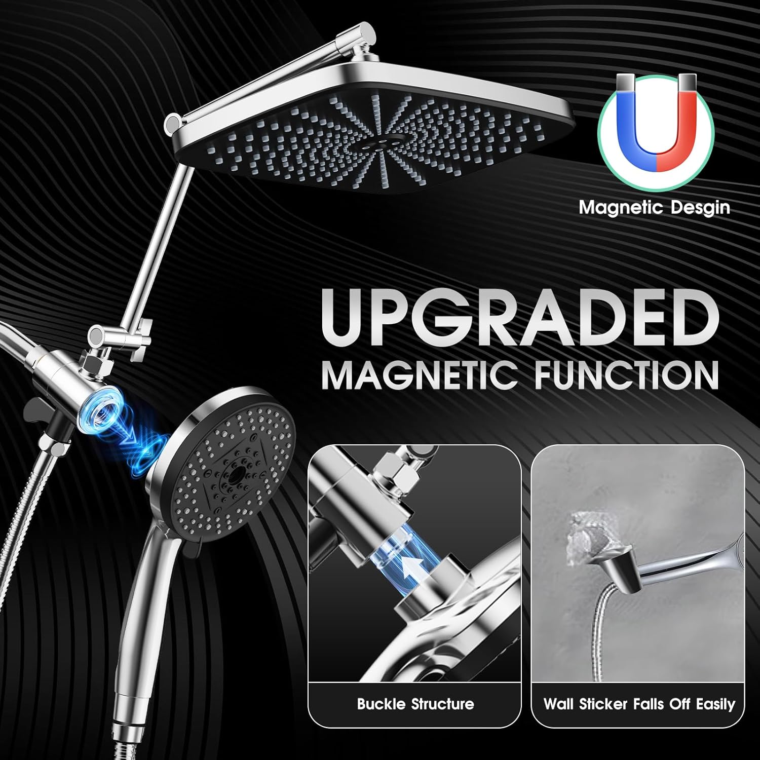 12" Rain Shower Head with Magnetic 4.7" 9-Mode Handheld Spray Combo, High Pressure Dual Shower Heads with Adjustable Extension Arm, with 59'' Extra Long Shower Hose (Chrome)