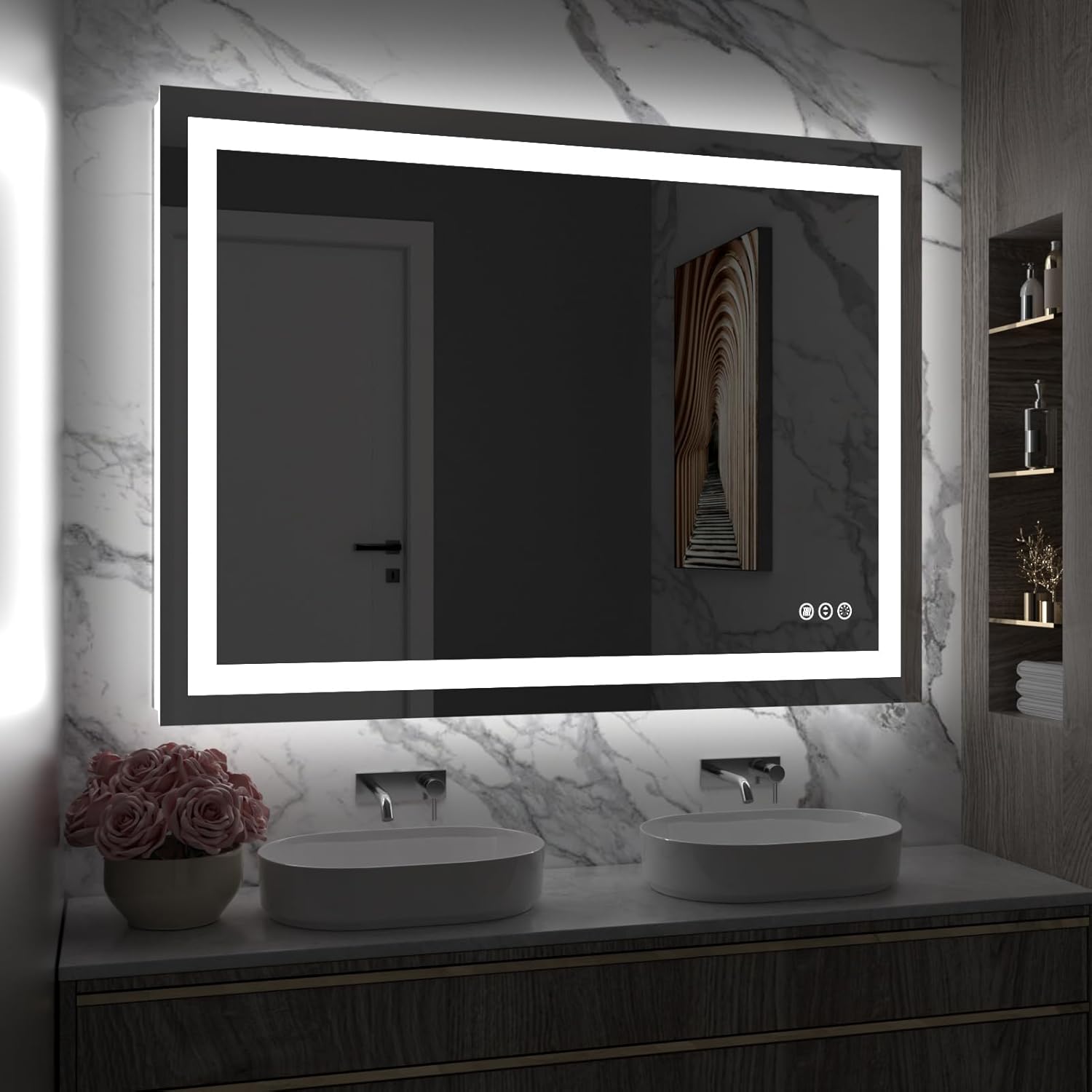 Amorho LED Bathroom Mirror 40"X32" with Front and Backlit, Stepless Dimmable Wall Mirrors with Anti-Fog, Shatter-Proof, Memory, 3 Colors, Double LED Vanity Mirror (Horizontal/Vertical)