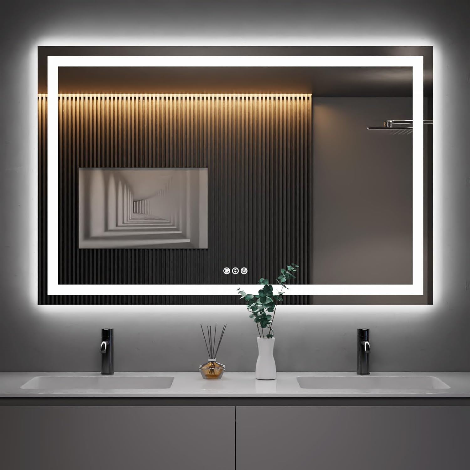 Amorho LED Bathroom Mirror 40"X32" with Front and Backlit, Stepless Dimmable Wall Mirrors with Anti-Fog, Shatter-Proof, Memory, 3 Colors, Double LED Vanity Mirror (Horizontal/Vertical)