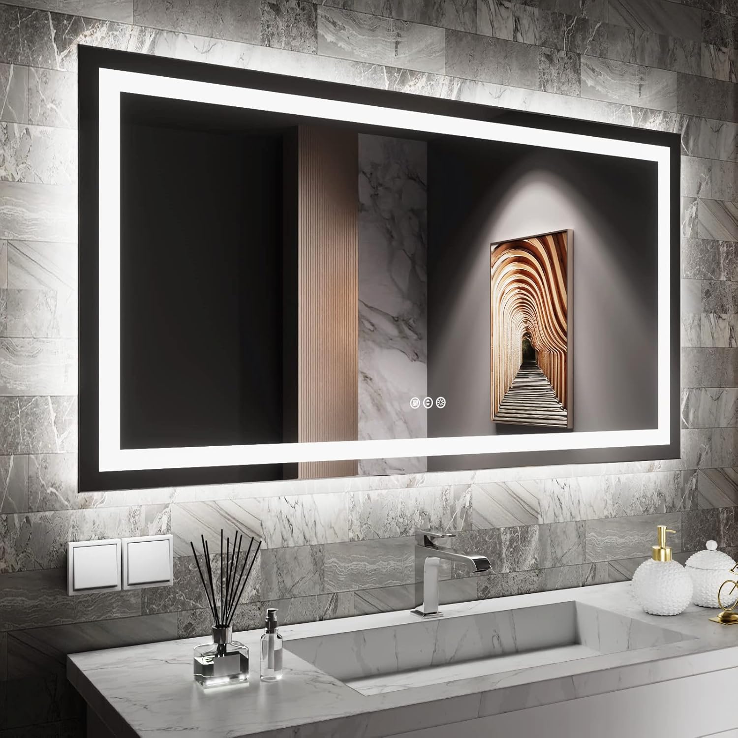 Amorho LED Bathroom Mirror 40"X32" with Front and Backlit, Stepless Dimmable Wall Mirrors with Anti-Fog, Shatter-Proof, Memory, 3 Colors, Double LED Vanity Mirror (Horizontal/Vertical)