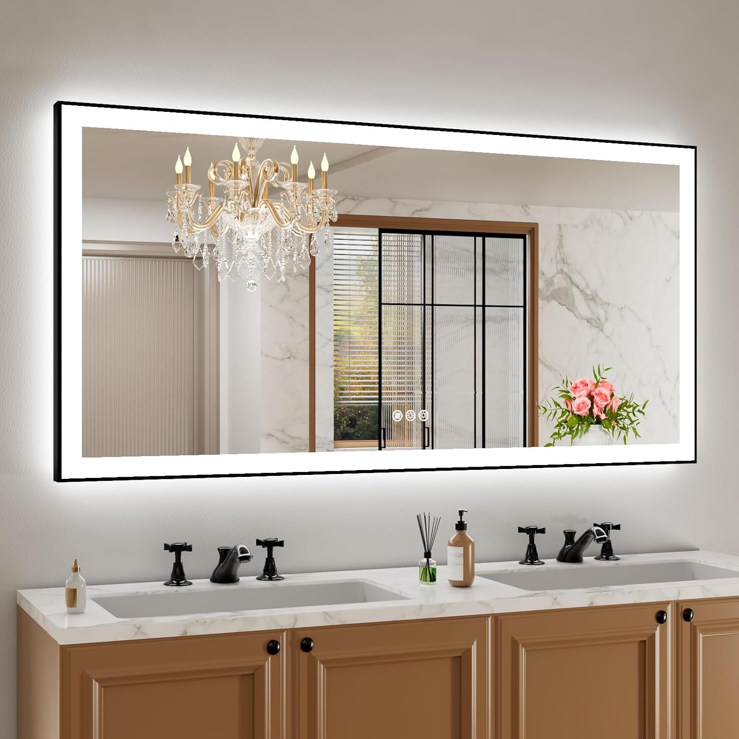 Amorho LED Bathroom Mirror 40"X32" with Front and Backlit, Stepless Dimmable Wall Mirrors with Anti-Fog, Shatter-Proof, Memory, 3 Colors, Double LED Vanity Mirror (Horizontal/Vertical)