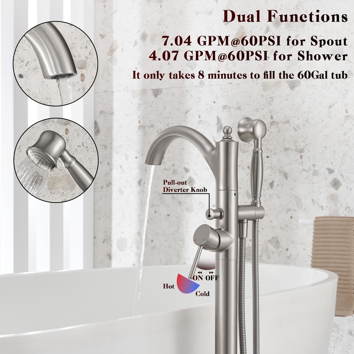 Freestanding Tub Faucets, Classic Freestanding Bathtub Faucet with Retro Handheld Sprayer High Flow Max 7.04GPM Floor Mount Tub Filler Swivel Spout Bath Tub faucet Brushed Nickel (WT-9002BN)