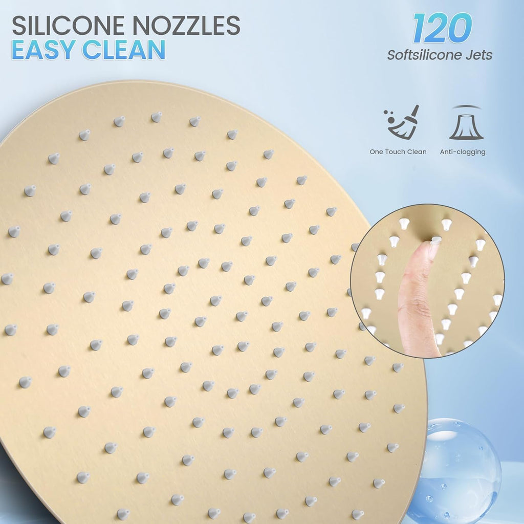 12 inch Brushed Gold Rainfall Shower Head - All Metal Stainless Steel Full Body Round Rain Shower with 120 Silicone Nozzles Modern Bathroom