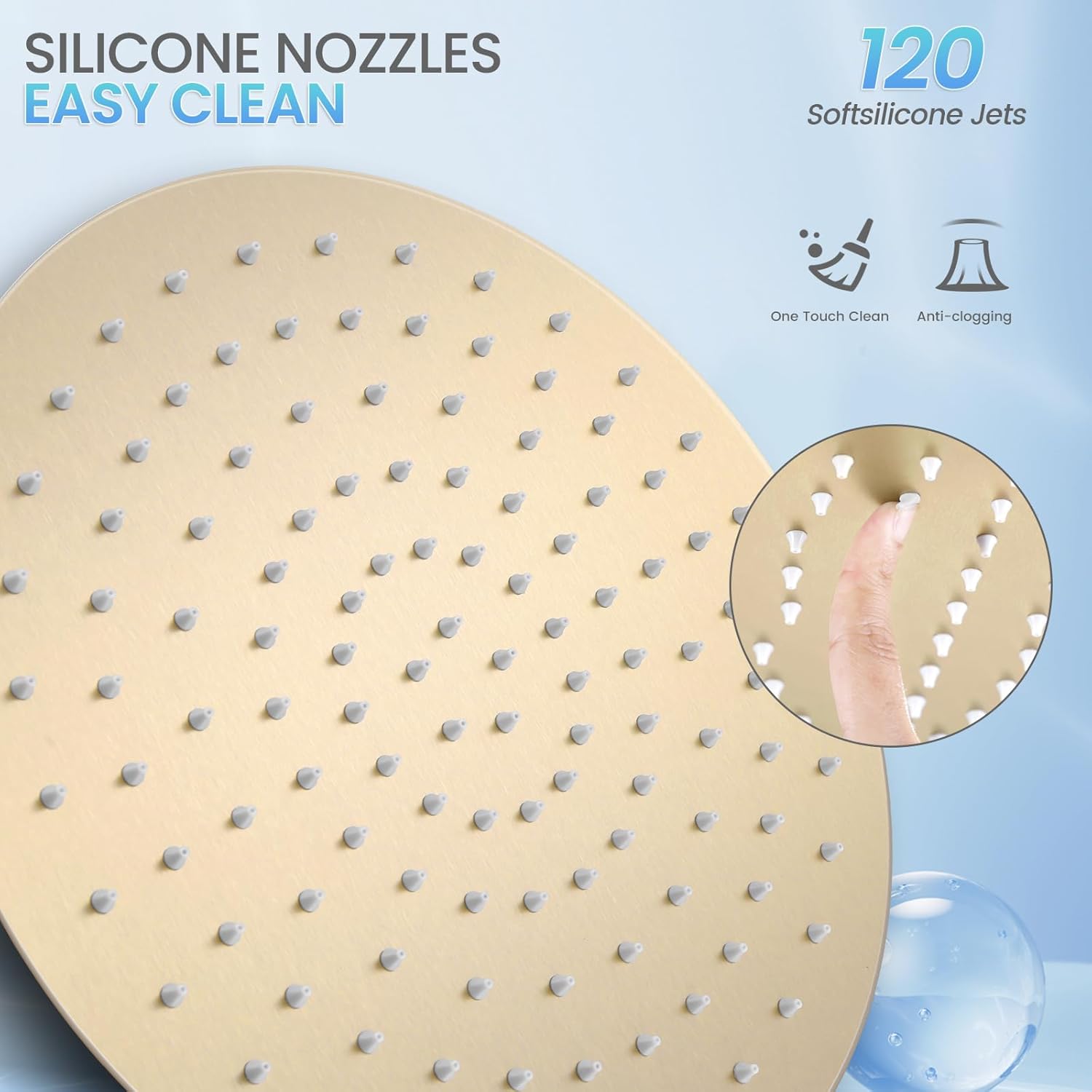 12 inch Brushed Gold Rainfall Shower Head - All Metal Stainless Steel Full Body Round Rain Shower with 120 Silicone Nozzles Modern Bathroom