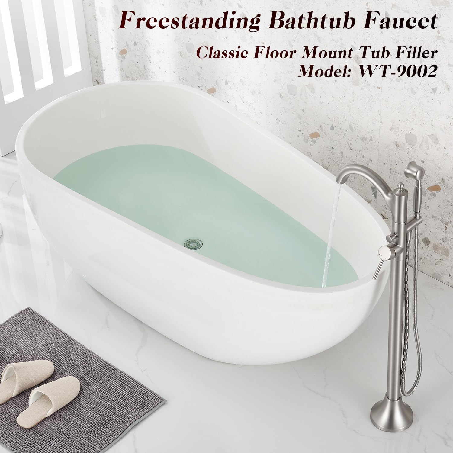 Freestanding Tub Faucets, Classic Freestanding Bathtub Faucet with Retro Handheld Sprayer High Flow Max 7.04GPM Floor Mount Tub Filler Swivel Spout Bath Tub faucet Brushed Nickel (WT-9002BN)