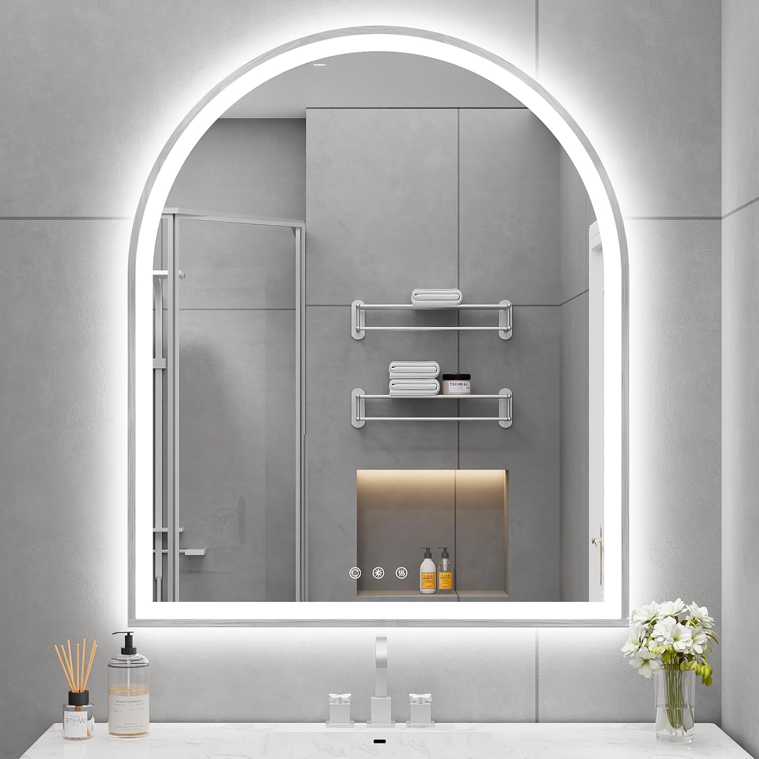 Arched LED Bathroom Mirror 24"x36", Black Bathroom Mirror with Lights-Anti-Fog, Dimmable-LED Mirror for Bathroom,3 Colors