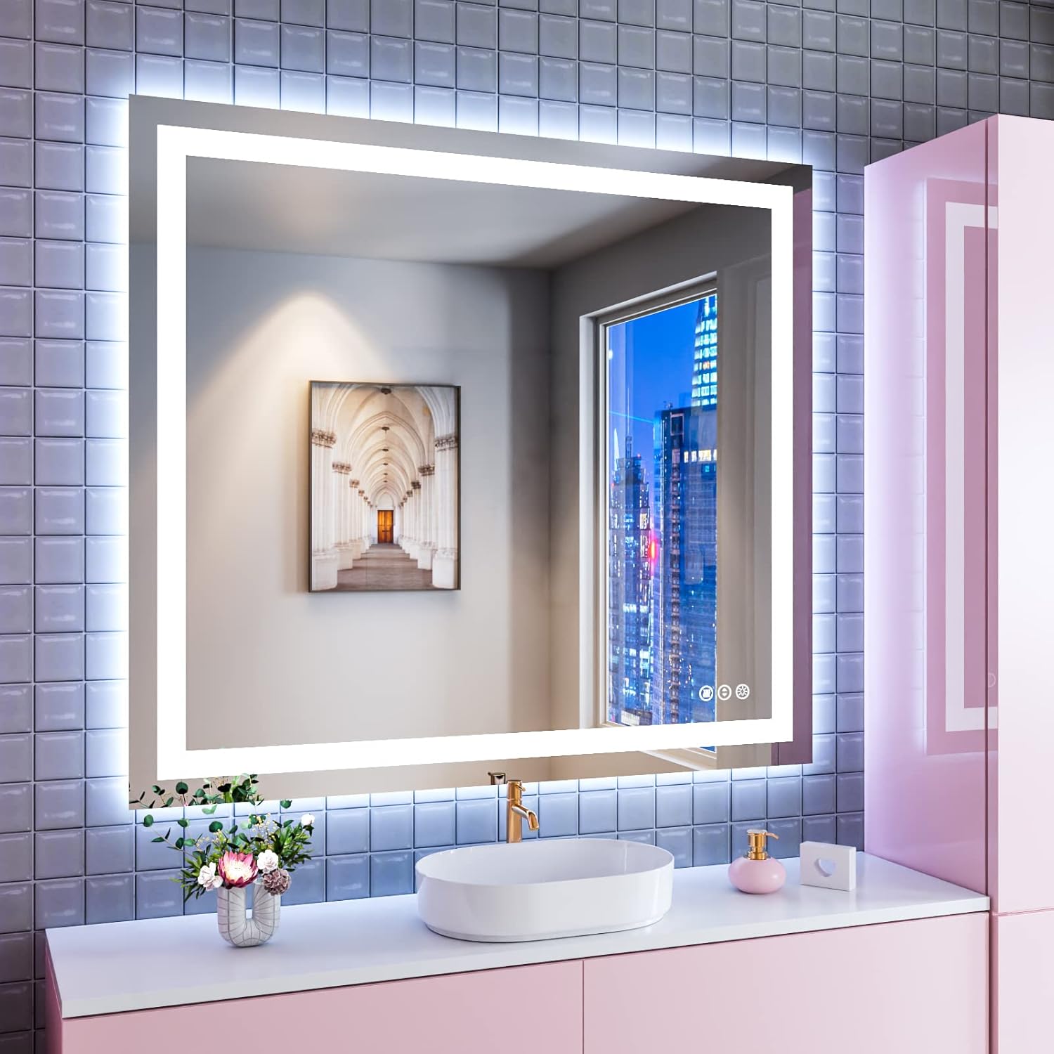 Amorho LED Bathroom Mirror 40"X32" with Front and Backlit, Stepless Dimmable Wall Mirrors with Anti-Fog, Shatter-Proof, Memory, 3 Colors, Double LED Vanity Mirror (Horizontal/Vertical)
