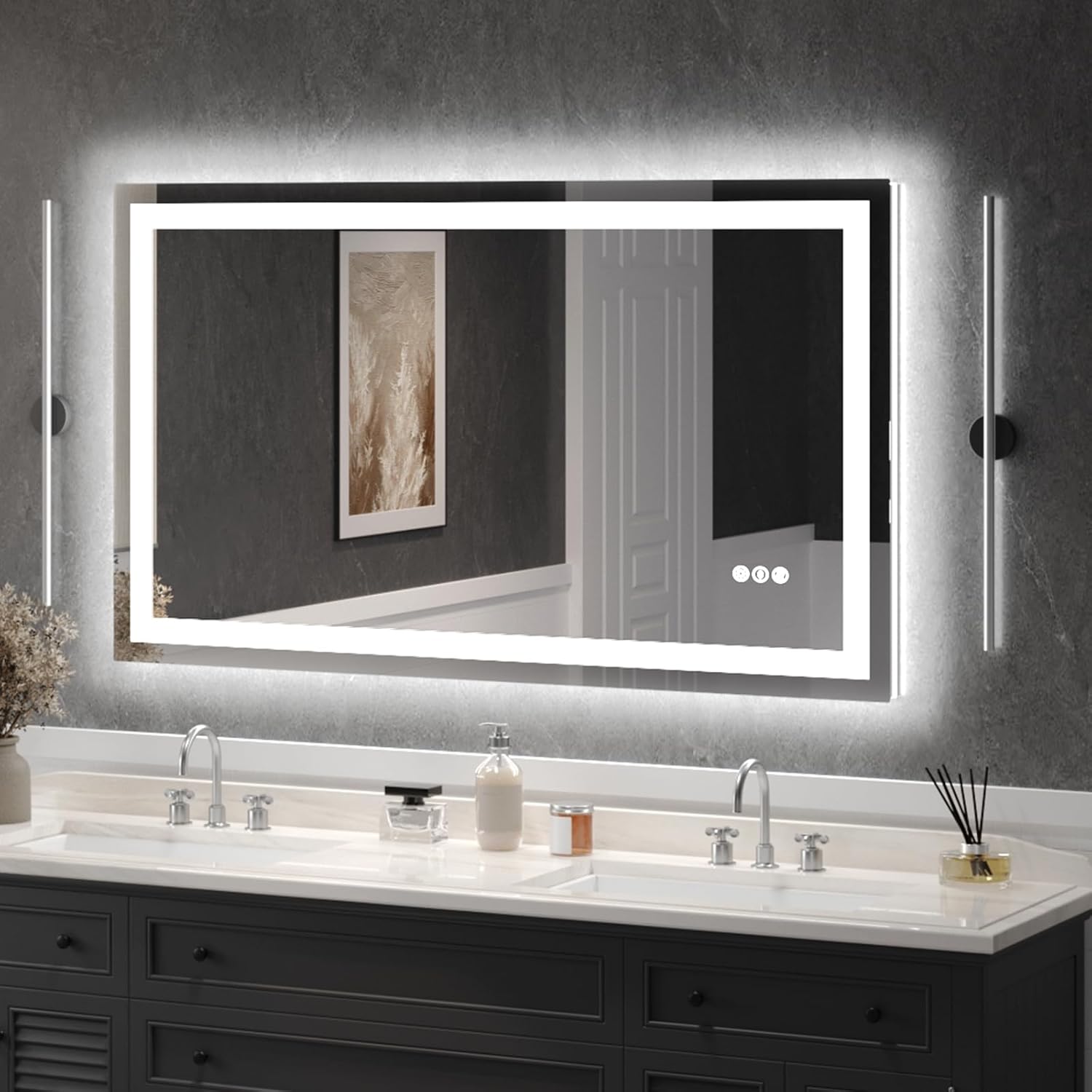 USHOWER LED Bathroom Mirror 24x32 Inch Tempered Glass - Frameless LED Backlit Lighted Mirror for Bathroom Vanity with Anti-Fog, 3 Colors Dimmable, Memory Function, Wall-Mounted