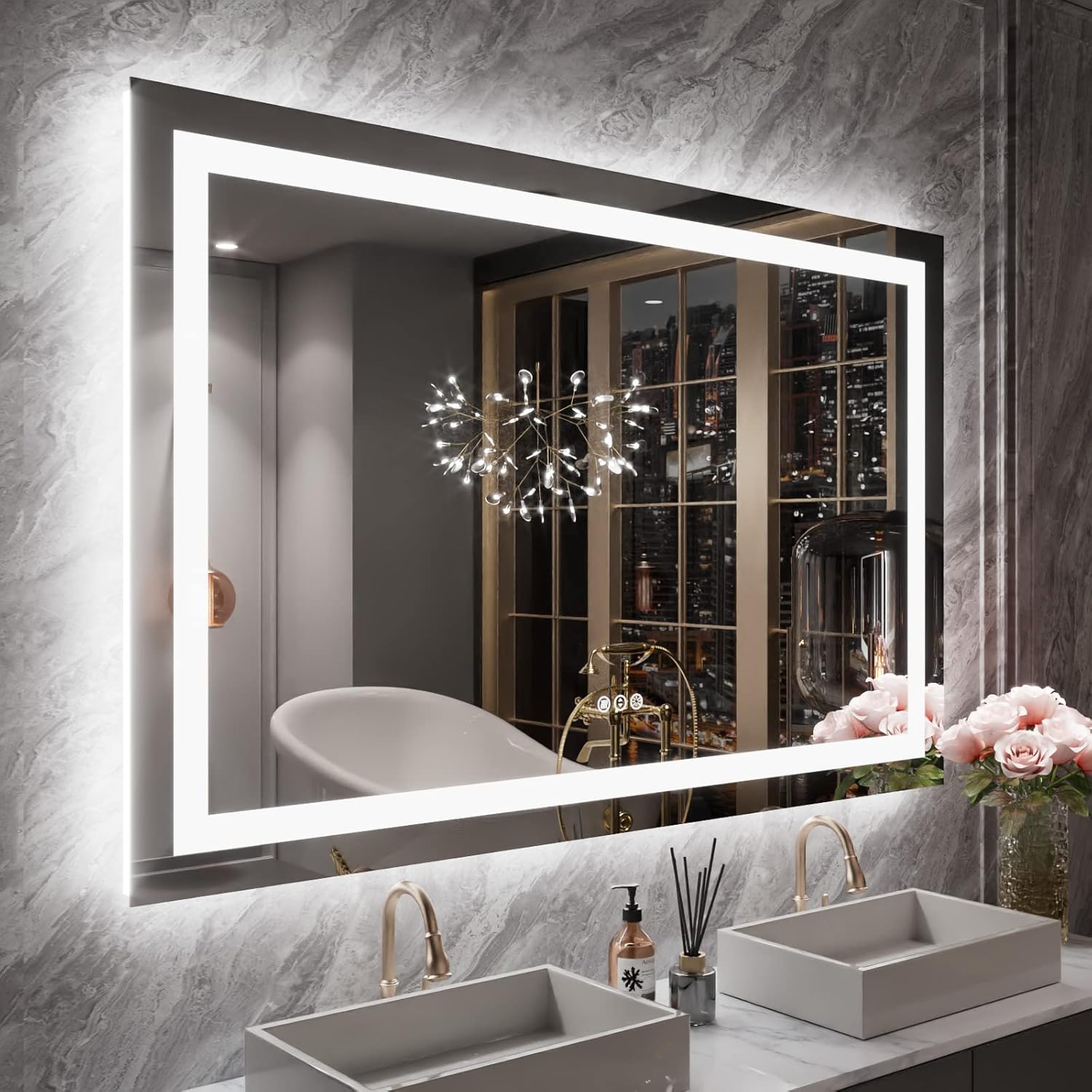 LOAAO 40X32 LED Bathroom Mirror with Lights, Anti-Fog, Dimmable, Backlit + Front Lit, Lighted Bathroom Vanity Mirror for Wall, Memory Function, Waterproof, Tempered Glass