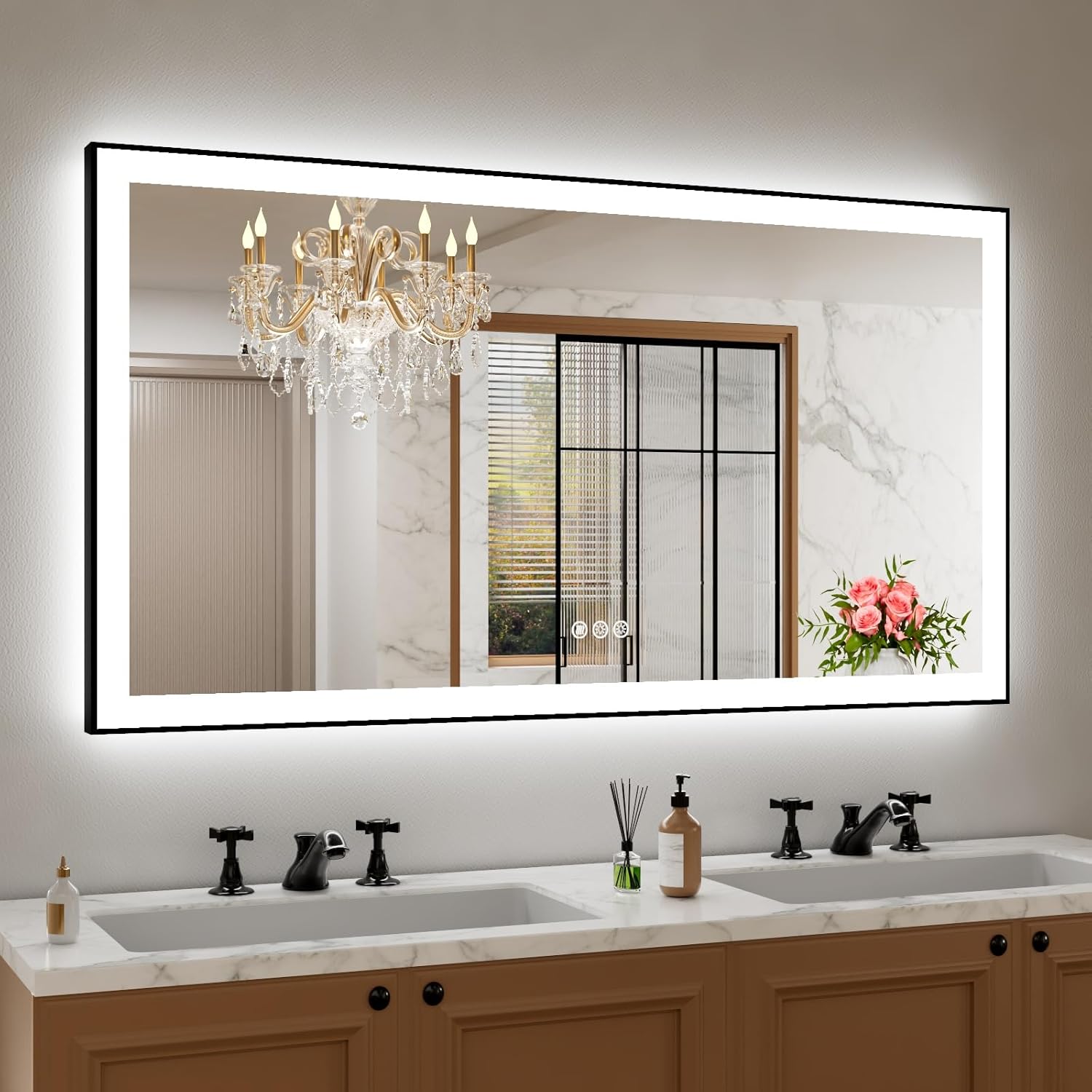 Amorho LED Bathroom Mirror 40"X32" with Front and Backlit, Stepless Dimmable Wall Mirrors with Anti-Fog, Shatter-Proof, Memory, 3 Colors, Double LED Vanity Mirror (Horizontal/Vertical)
