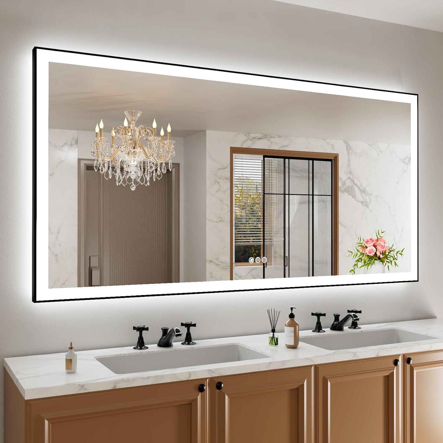 Amorho LED Bathroom Mirror 40"X32" with Front and Backlit, Stepless Dimmable Wall Mirrors with Anti-Fog, Shatter-Proof, Memory, 3 Colors, Double LED Vanity Mirror (Horizontal/Vertical)