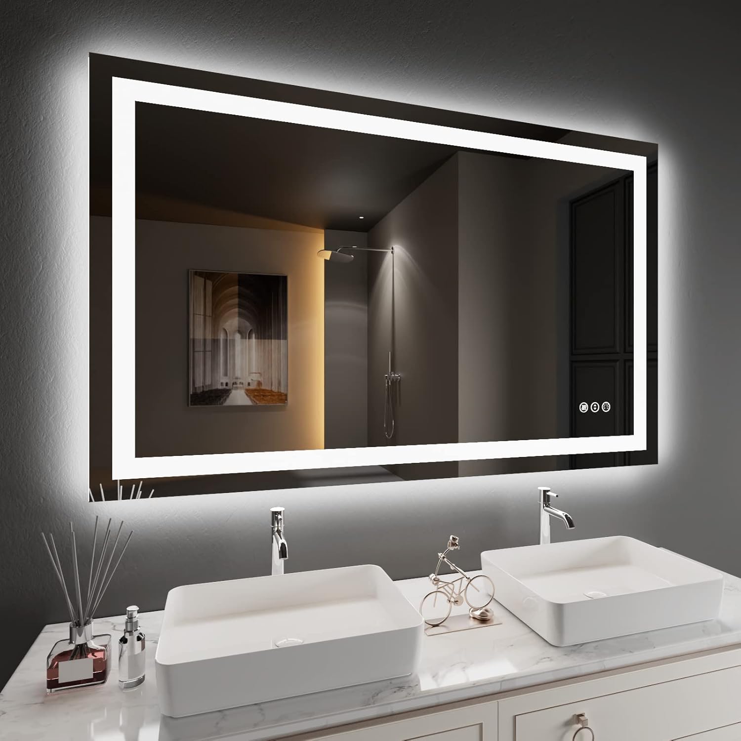 Amorho LED Bathroom Mirror 40"X32" with Front and Backlit, Stepless Dimmable Wall Mirrors with Anti-Fog, Shatter-Proof, Memory, 3 Colors, Double LED Vanity Mirror (Horizontal/Vertical)