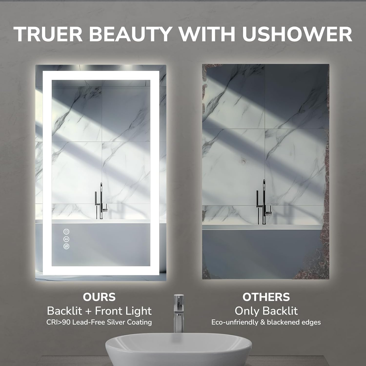 USHOWER LED Bathroom Mirror 24x32 Inch Tempered Glass - Frameless LED Backlit Lighted Mirror for Bathroom Vanity with Anti-Fog, 3 Colors Dimmable, Memory Function, Wall-Mounted