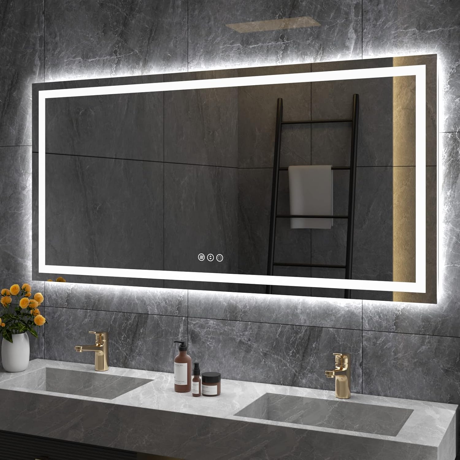 Amorho LED Bathroom Mirror 40"X32" with Front and Backlit, Stepless Dimmable Wall Mirrors with Anti-Fog, Shatter-Proof, Memory, 3 Colors, Double LED Vanity Mirror (Horizontal/Vertical)