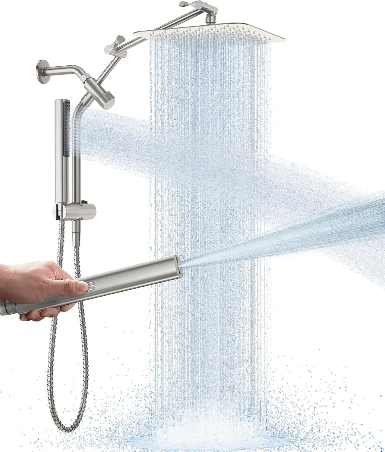 Veken 10" Luxurious All Metal Rain Shower Head with Handheld Spray Combo, High Pressure Rainfall Square Shower Heads with Extension Arm, Wide Dual Showerhead, Bathroom Accessories, Matte Black