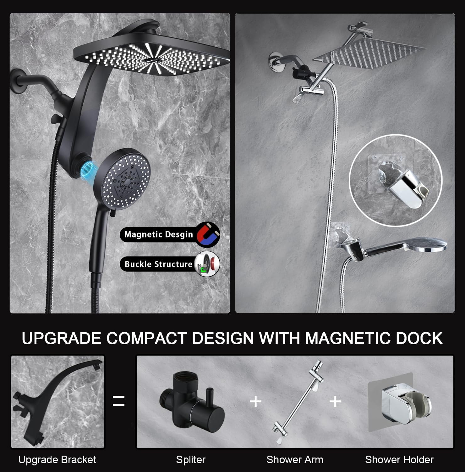 High Pressure Rain Shower Head: Upgrade Shower Heads with Handheld Spray Combo with Fixed Showerhead and 10 Sprays Handheld Shower Head, Detachable Showerheads Built-in Magnetic Docking and Power Jets
