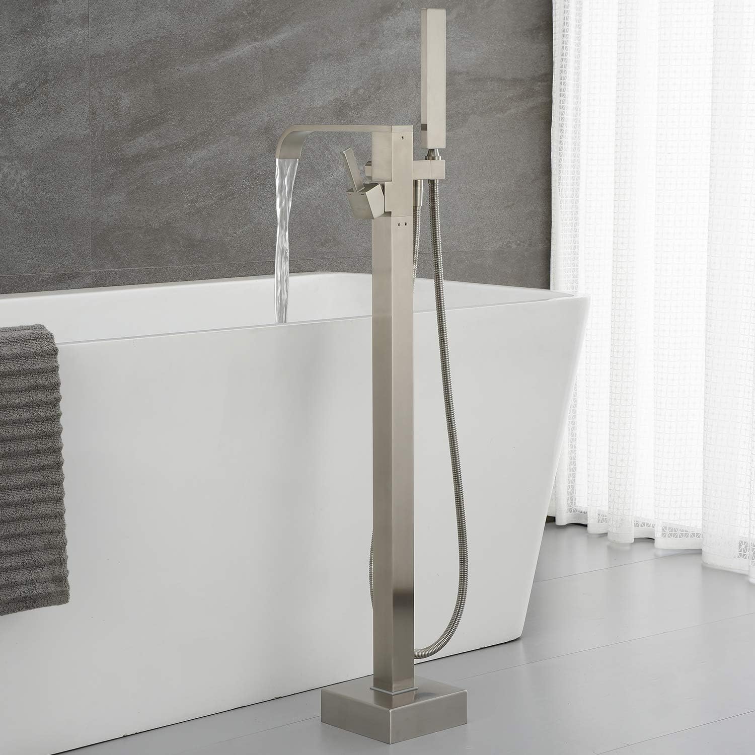 Freestanding Bathtub Faucet Tub Filler Brushed Nickel Floor Mount Faucets Brass Single Handle with Hand Shower