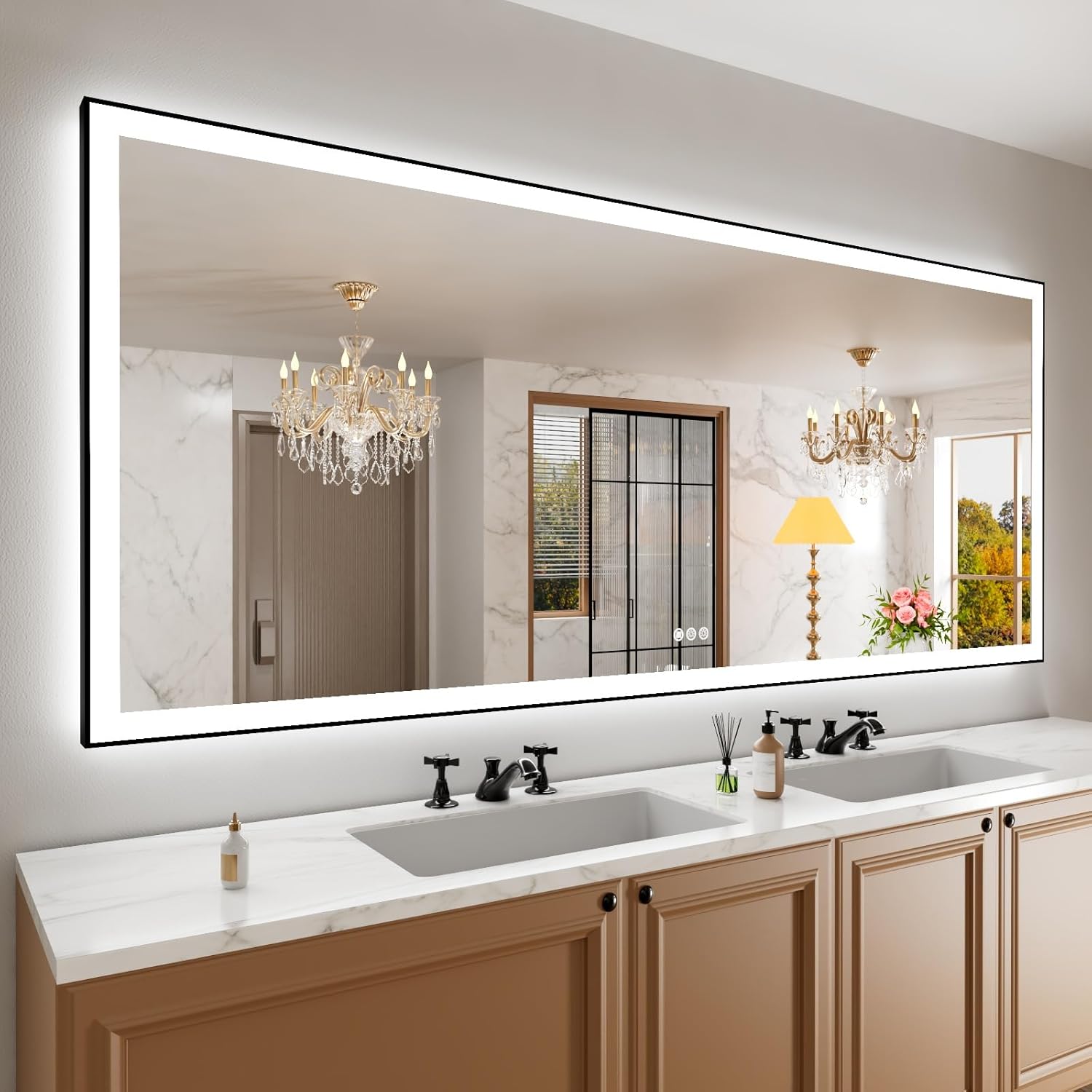 Amorho LED Bathroom Mirror 40"X32" with Front and Backlit, Stepless Dimmable Wall Mirrors with Anti-Fog, Shatter-Proof, Memory, 3 Colors, Double LED Vanity Mirror (Horizontal/Vertical)