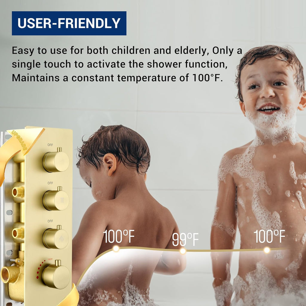 16” Thermostatic Rain Shower System with 6 Body Jets & 16-Inch Rainfall Shower Head, JetsBath Full Body Shower Faucet Sets with Valve & Handheld, Brushed Gold Luxury Wall Mount Shower Faucet Set