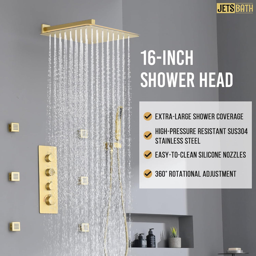 16” Thermostatic Rain Shower System with 6 Body Jets & 16-Inch Rainfall Shower Head, JetsBath Full Body Shower Faucet Sets with Valve & Handheld, Brushed Gold Luxury Wall Mount Shower Faucet Set