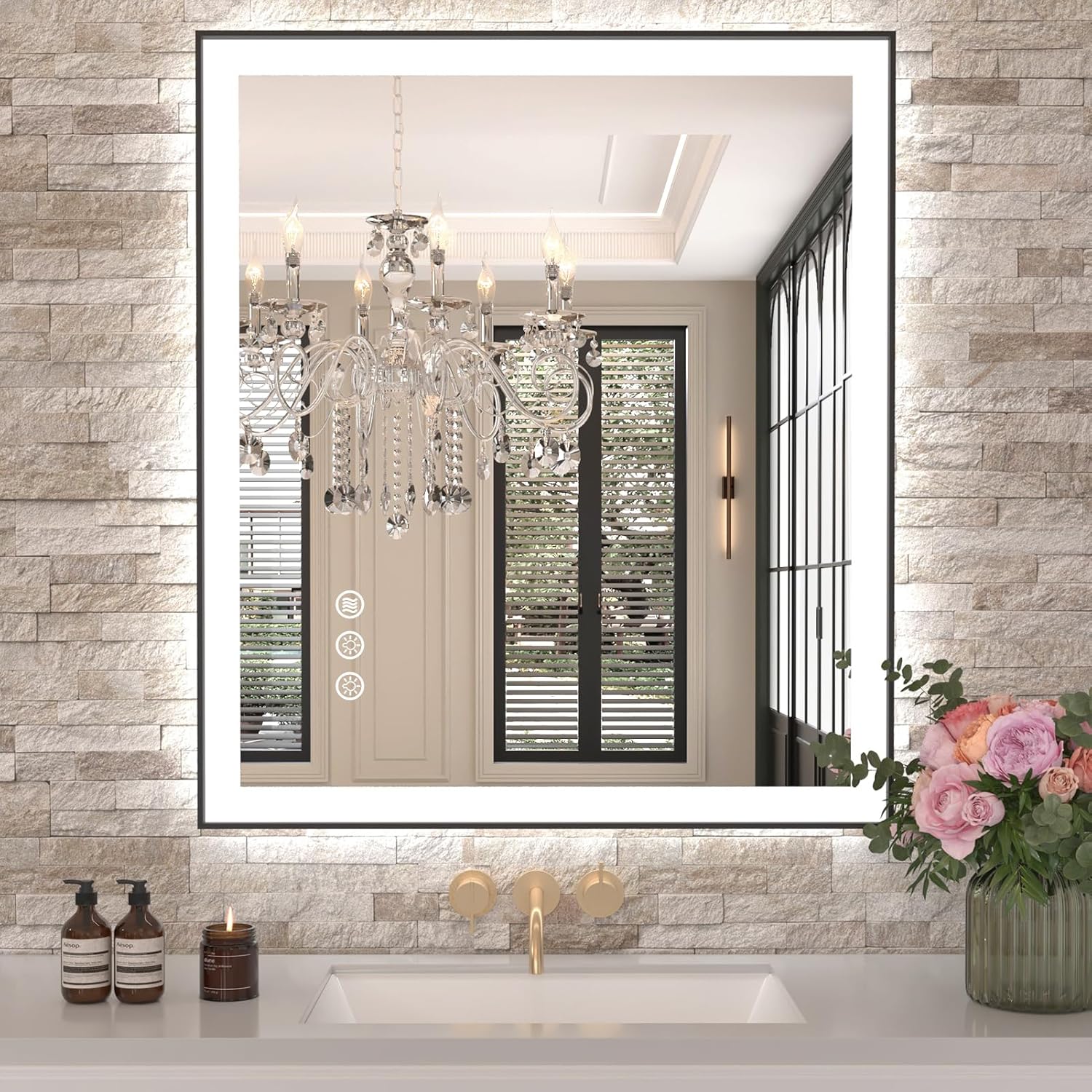 Amorho LED Bathroom Mirror 40"X32" with Front and Backlit, Stepless Dimmable Wall Mirrors with Anti-Fog, Shatter-Proof, Memory, 3 Colors, Double LED Vanity Mirror (Horizontal/Vertical)