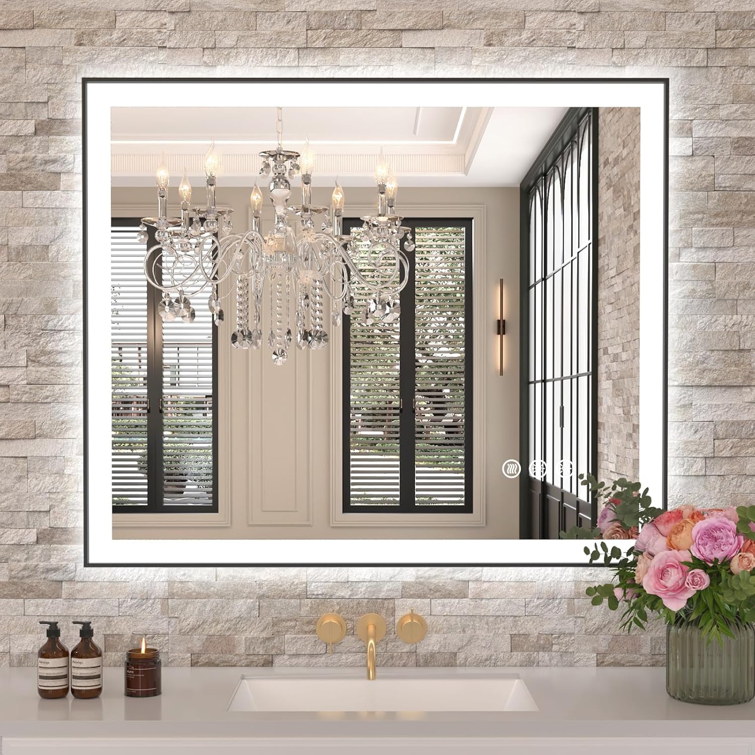 Amorho LED Bathroom Mirror 40"X32" with Front and Backlit, Stepless Dimmable Wall Mirrors with Anti-Fog, Shatter-Proof, Memory, 3 Colors, Double LED Vanity Mirror (Horizontal/Vertical)