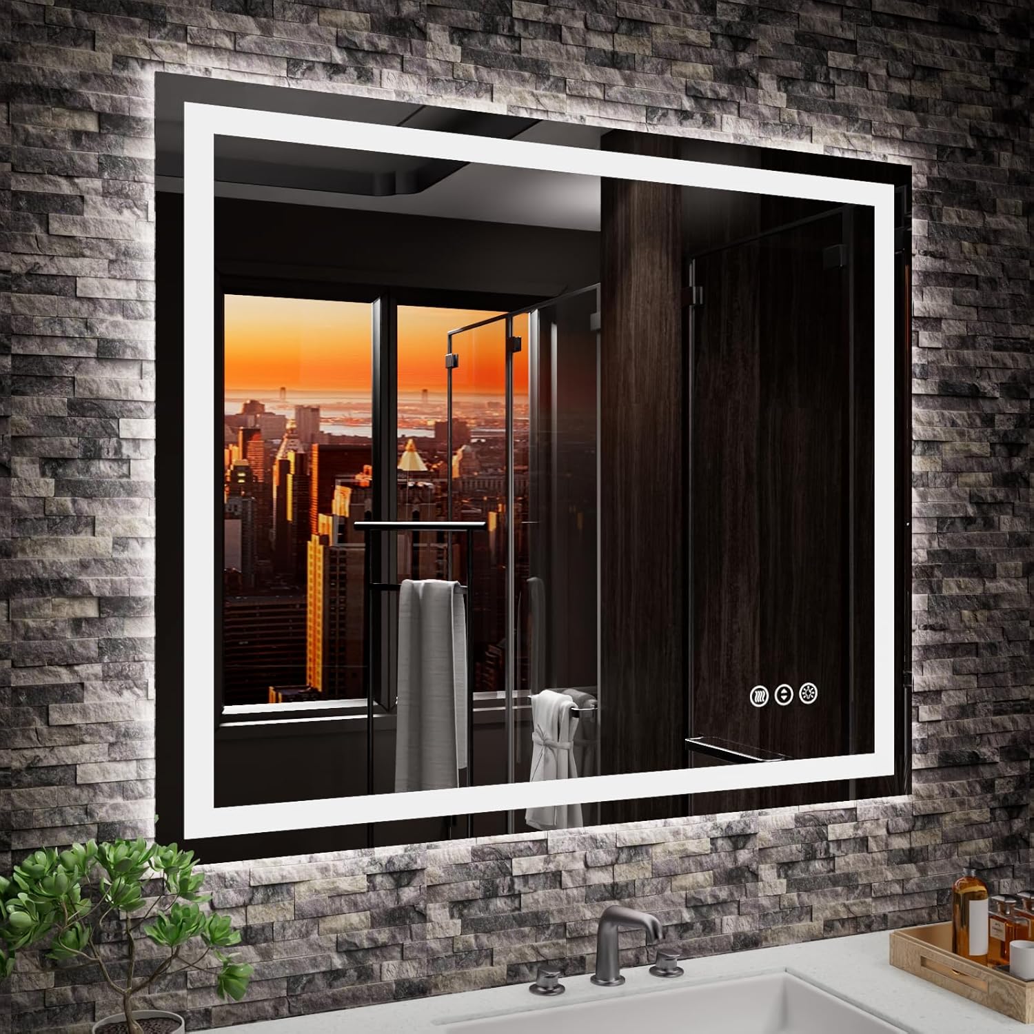 Amorho LED Bathroom Mirror 40"X32" with Front and Backlit, Stepless Dimmable Wall Mirrors with Anti-Fog, Shatter-Proof, Memory, 3 Colors, Double LED Vanity Mirror (Horizontal/Vertical)