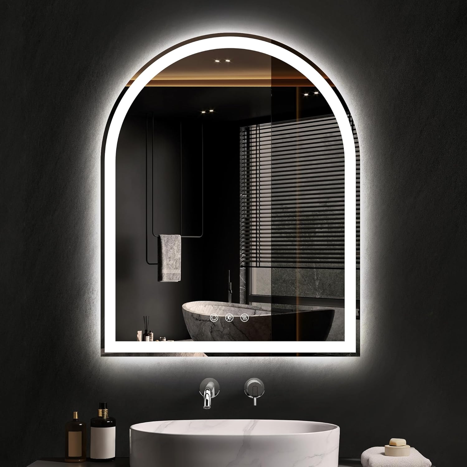 Arched LED Bathroom Mirror 24"x36", Black Bathroom Mirror with Lights-Anti-Fog, Dimmable-LED Mirror for Bathroom,3 Colors