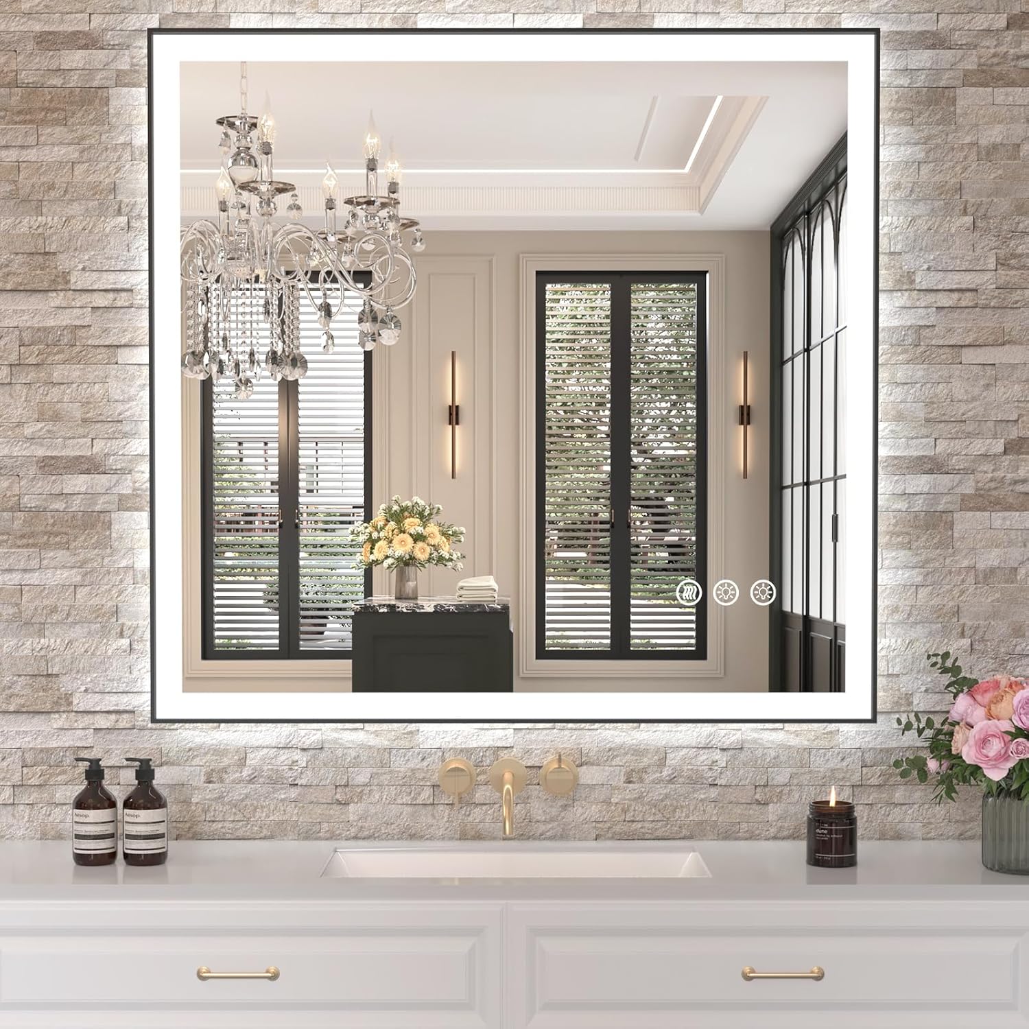 Amorho LED Bathroom Mirror 40"X32" with Front and Backlit, Stepless Dimmable Wall Mirrors with Anti-Fog, Shatter-Proof, Memory, 3 Colors, Double LED Vanity Mirror (Horizontal/Vertical)