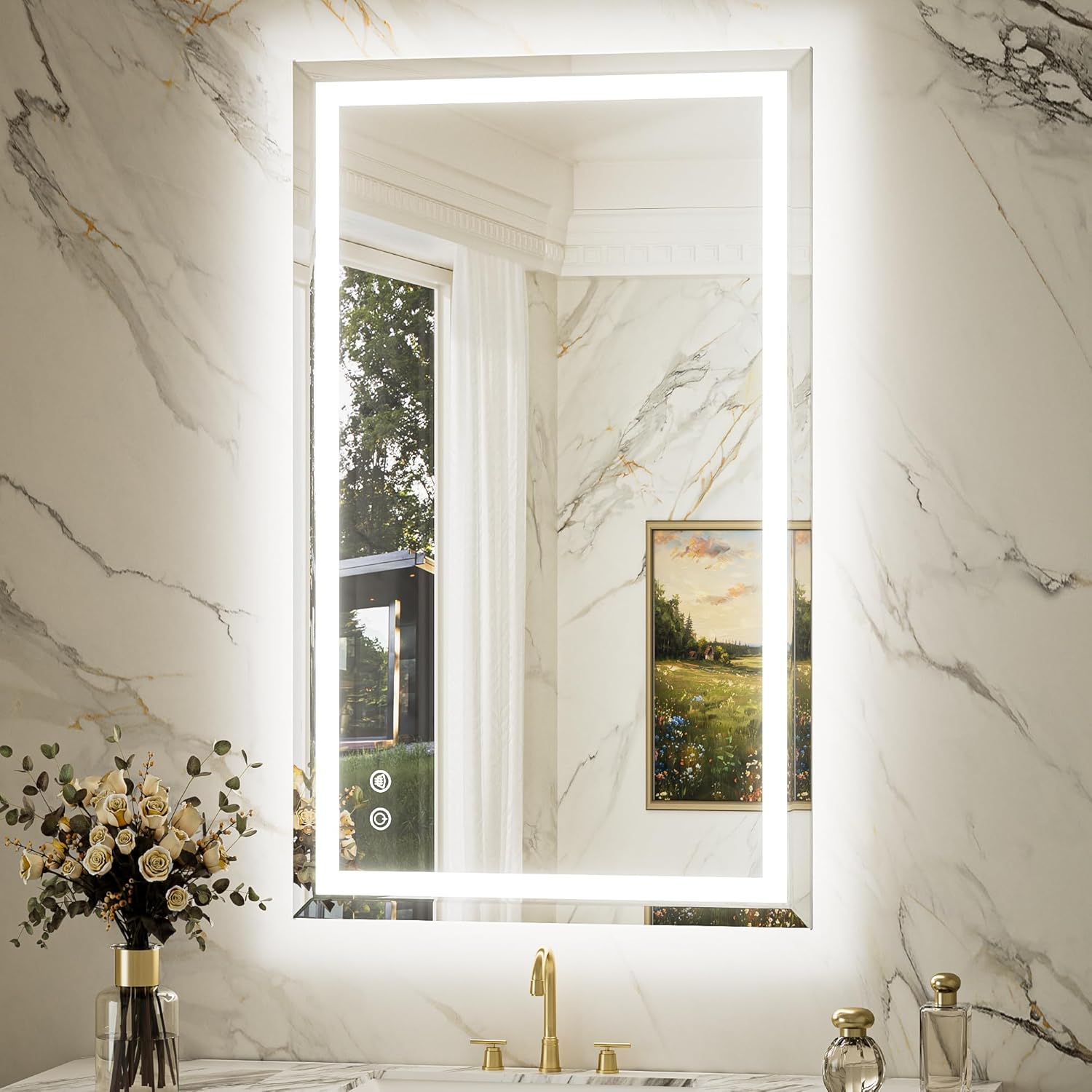 Keonjinn 24x36 Inch Beveled Lighted Bathroom Mirrors with Frontlit & Backlit, LED Bathroom Mirror with Light Dimmable 3-Color Lights, Anti-Fog Vanity Mirror with Tempered Glass, UL-Listed LED Driver