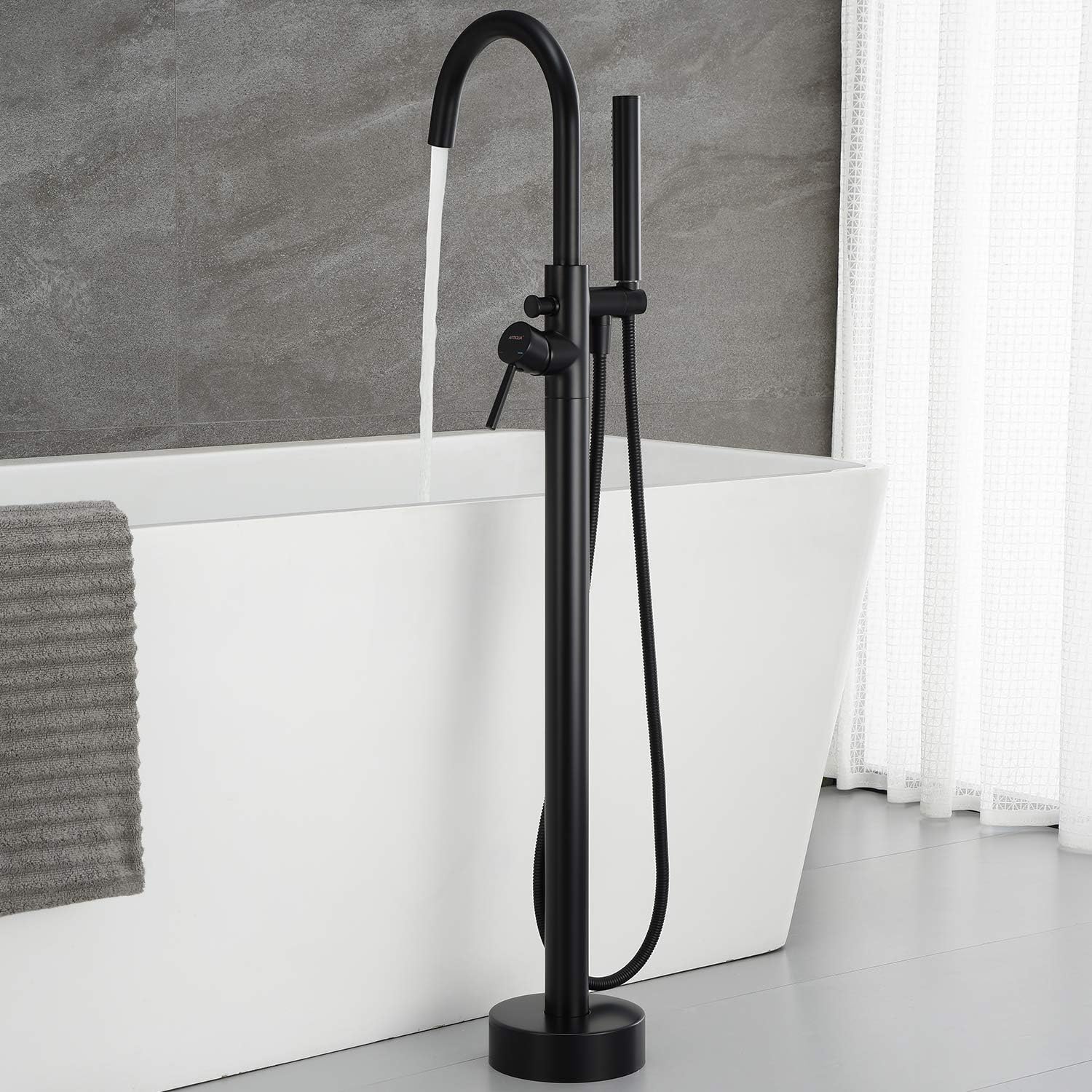 Freestanding Bathtub Faucet Tub Filler Faucets Black Single Handle Floor Mounted with Handheld Shower