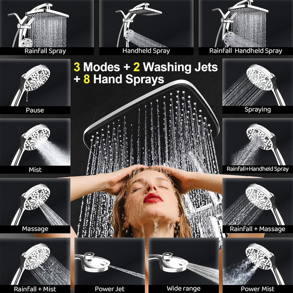 Rain Shower Head with filtered Handheld High Pressure rainfall Shower Heads with Handheld Spray Combo Adjustable one-piece stand daul shower head Built-in Magnetic Docking and Power Jets