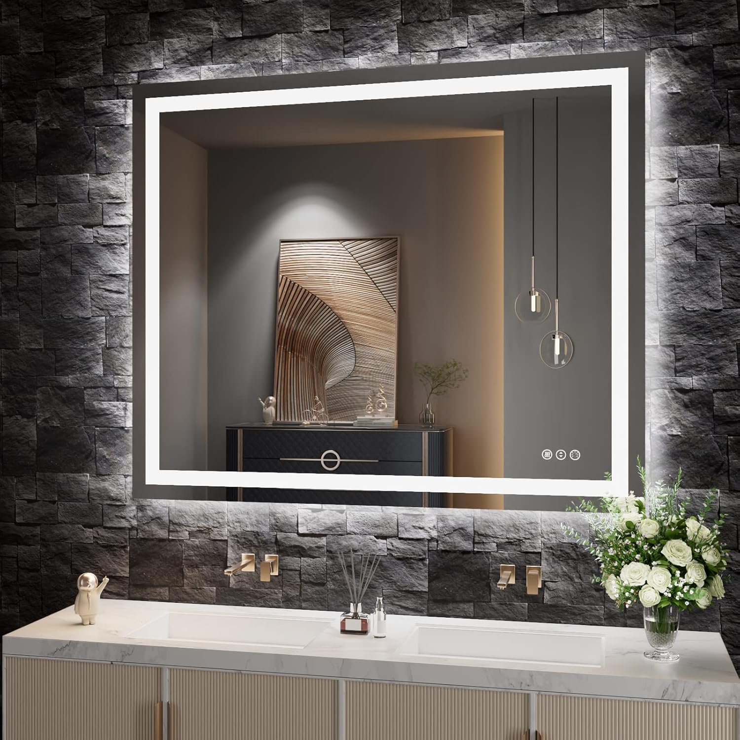 Amorho LED Bathroom Mirror 40"X32" with Front and Backlit, Stepless Dimmable Wall Mirrors with Anti-Fog, Shatter-Proof, Memory, 3 Colors, Double LED Vanity Mirror (Horizontal/Vertical)