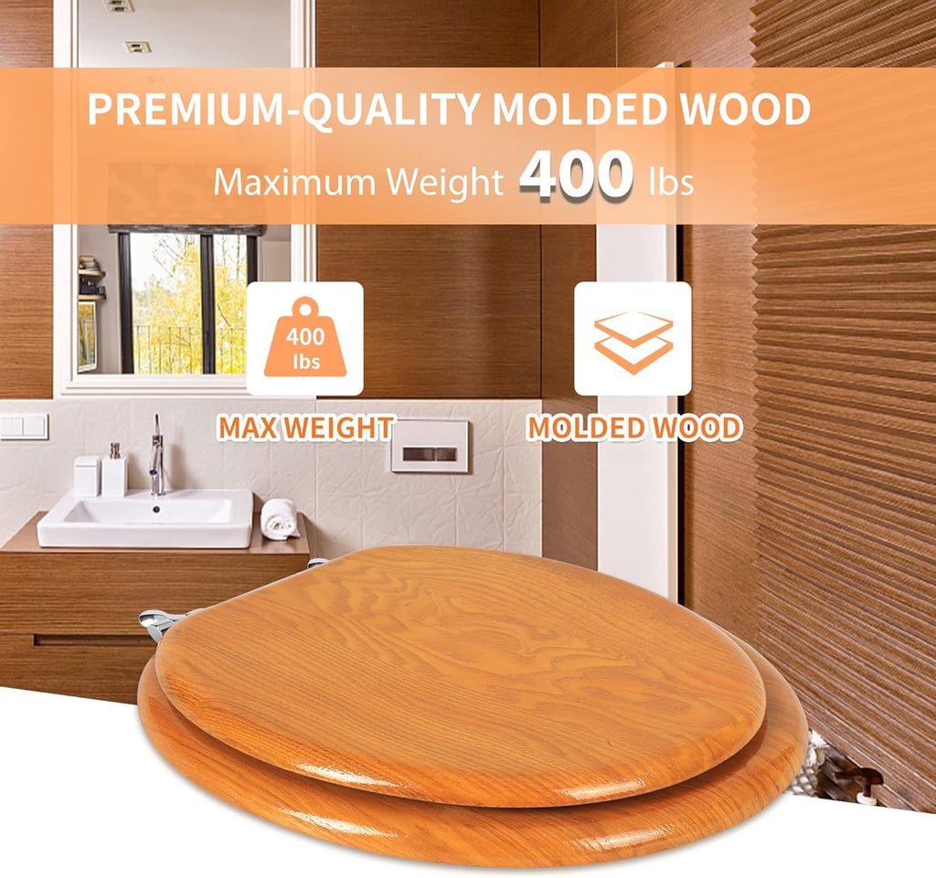 Angel Shield Durable Wood Veneer Natural Toilet Seat Metal Hinged Easy Clean Anti-scratch American Standard(Elongated,Wood Color)