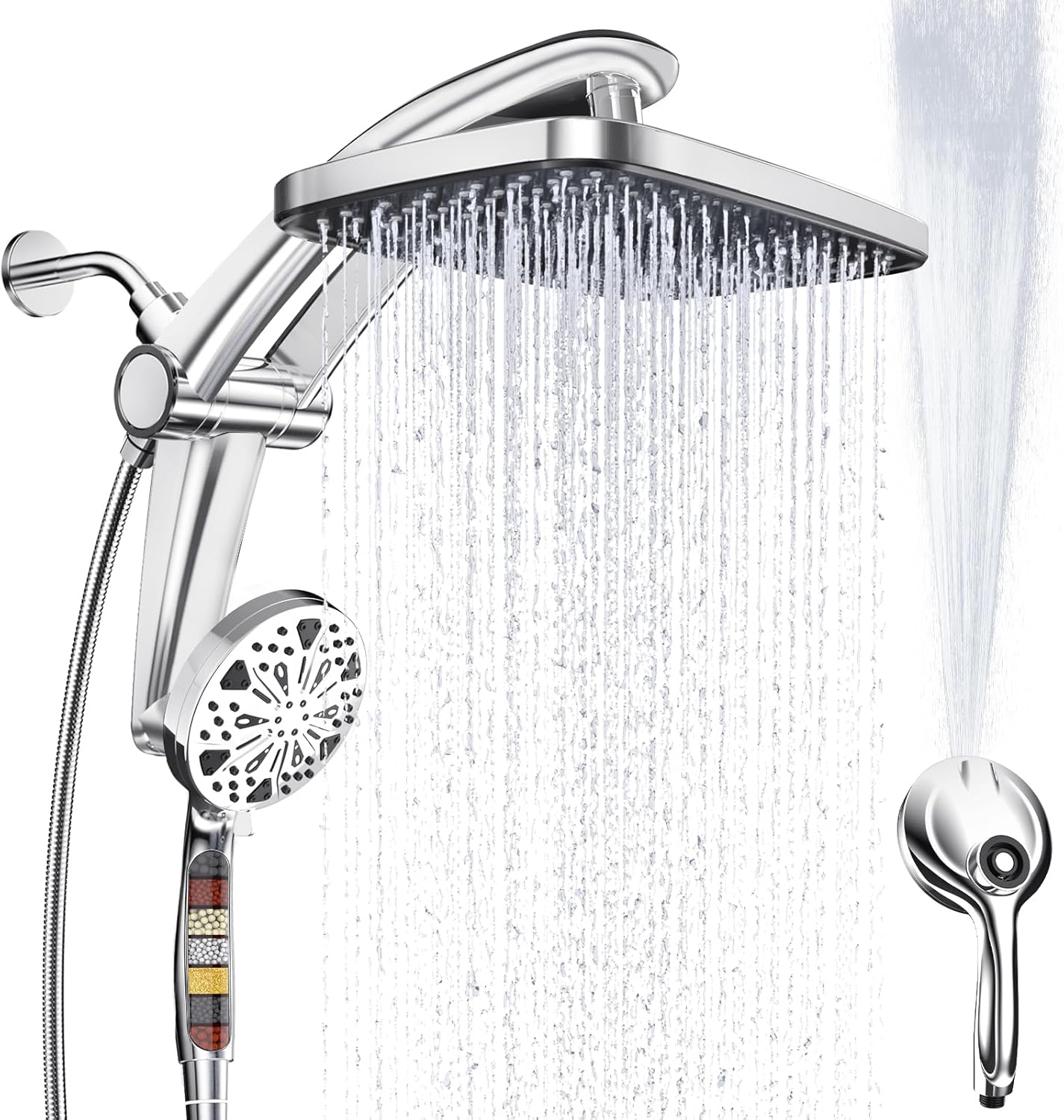 Rain Shower Head with filtered Handheld High Pressure rainfall Shower Heads with Handheld Spray Combo Adjustable one-piece stand daul shower head Built-in Magnetic Docking and Power Jets