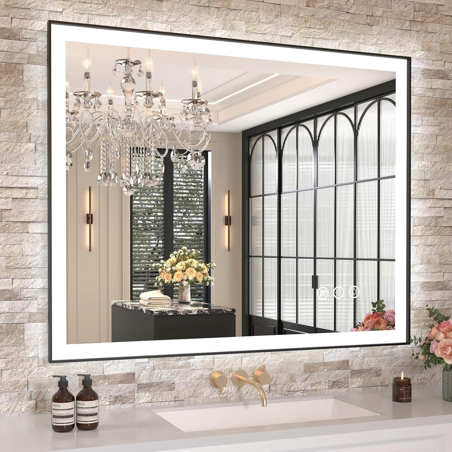 Amorho LED Bathroom Mirror 40"X32" with Front and Backlit, Stepless Dimmable Wall Mirrors with Anti-Fog, Shatter-Proof, Memory, 3 Colors, Double LED Vanity Mirror (Horizontal/Vertical)