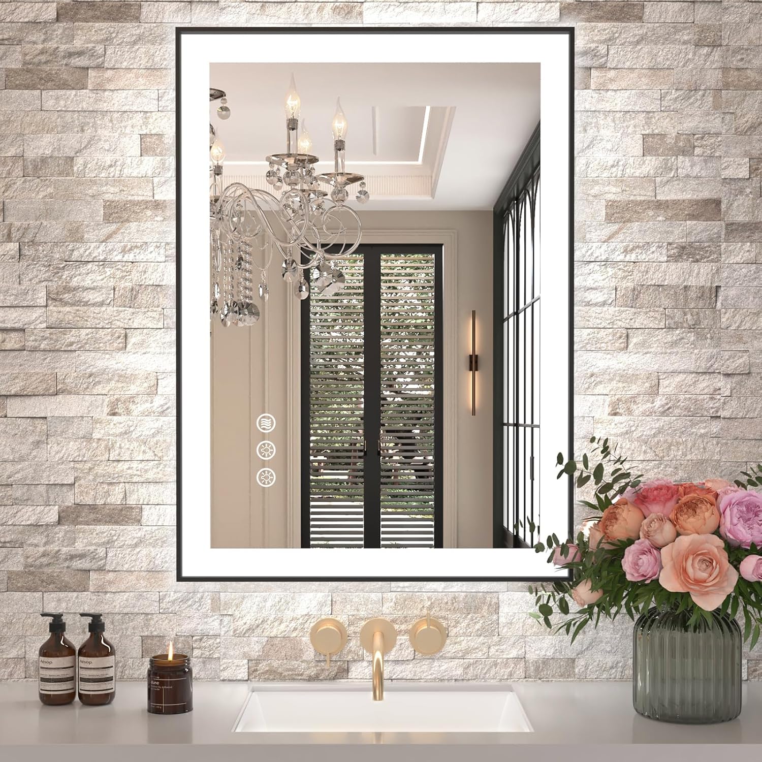 Amorho LED Bathroom Mirror 40"X32" with Front and Backlit, Stepless Dimmable Wall Mirrors with Anti-Fog, Shatter-Proof, Memory, 3 Colors, Double LED Vanity Mirror (Horizontal/Vertical)